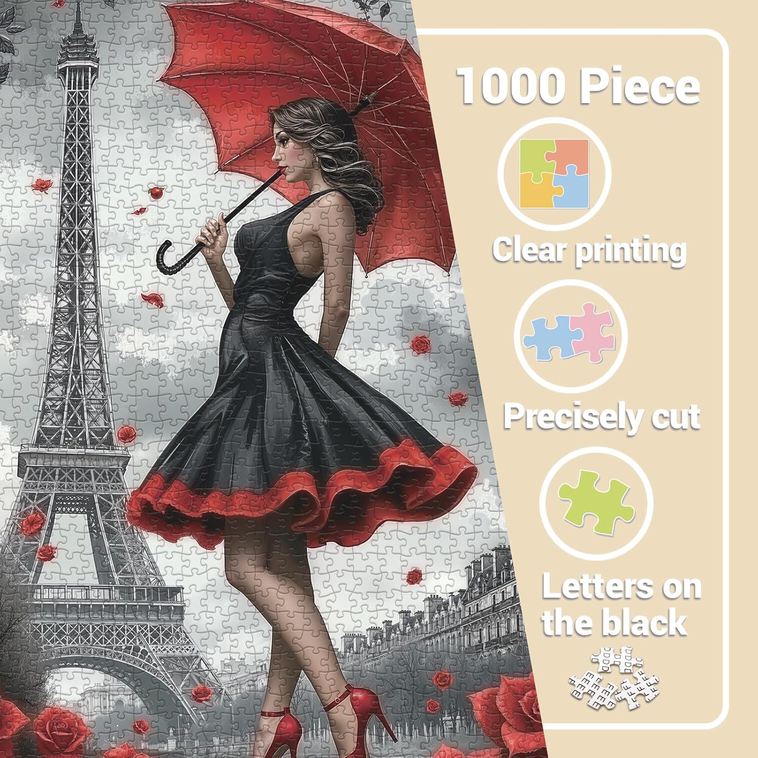 Paris Flower Woman with Umbrella Puzzles for Adults 1000 Pieces, Eiffel Tower Beautiful Girl Jigsaw Puzzles, Challenging Retro Art Puzzles
