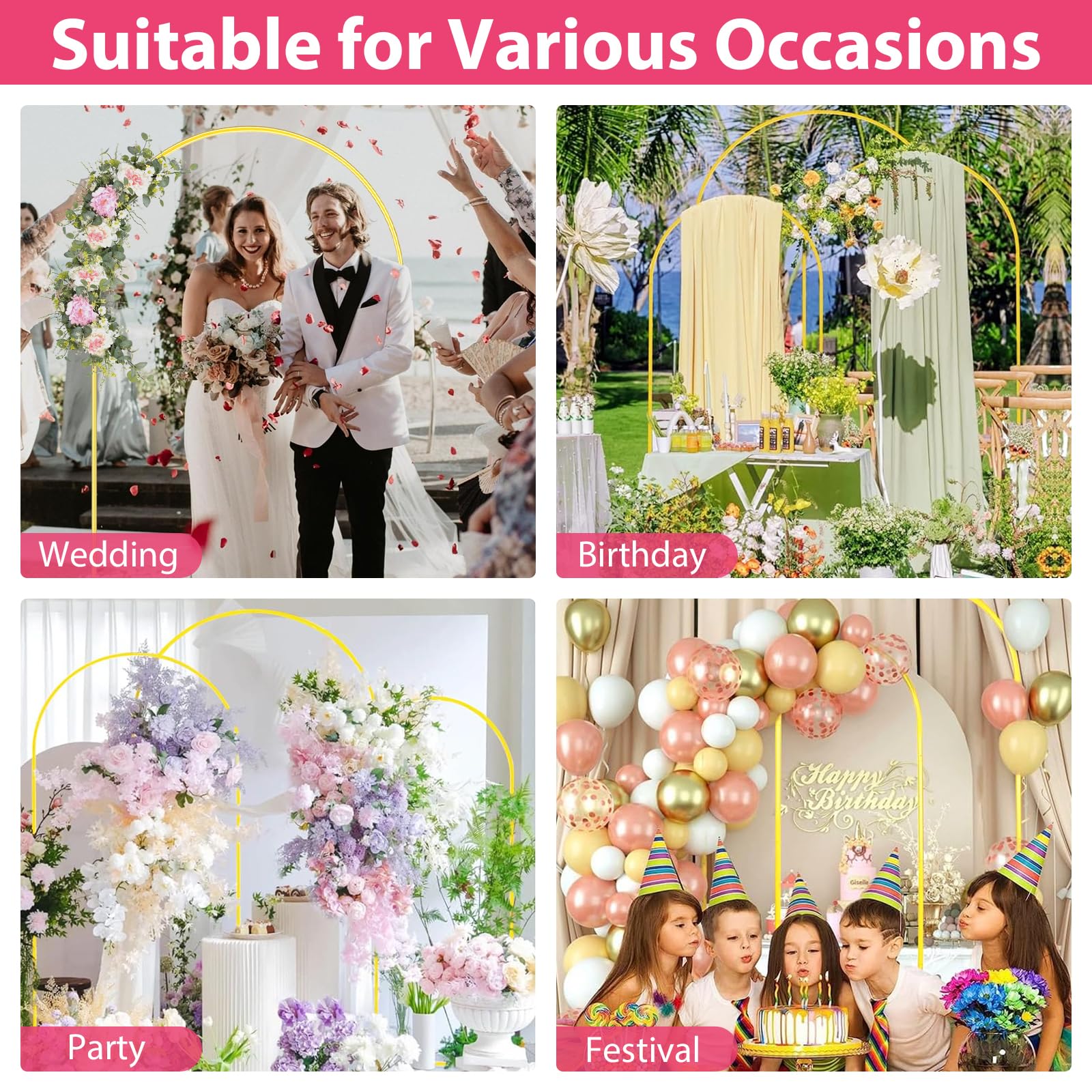 Metal Arch Backdrop Stand, 6FT & 5FT & 4FT Wedding Arch Backdrop Stand, 3 Pack Gold Metal Arch Stand, Wedding Arch Frame for Wedding Birthday Party Baby Shower Graduation Ceremony Decor