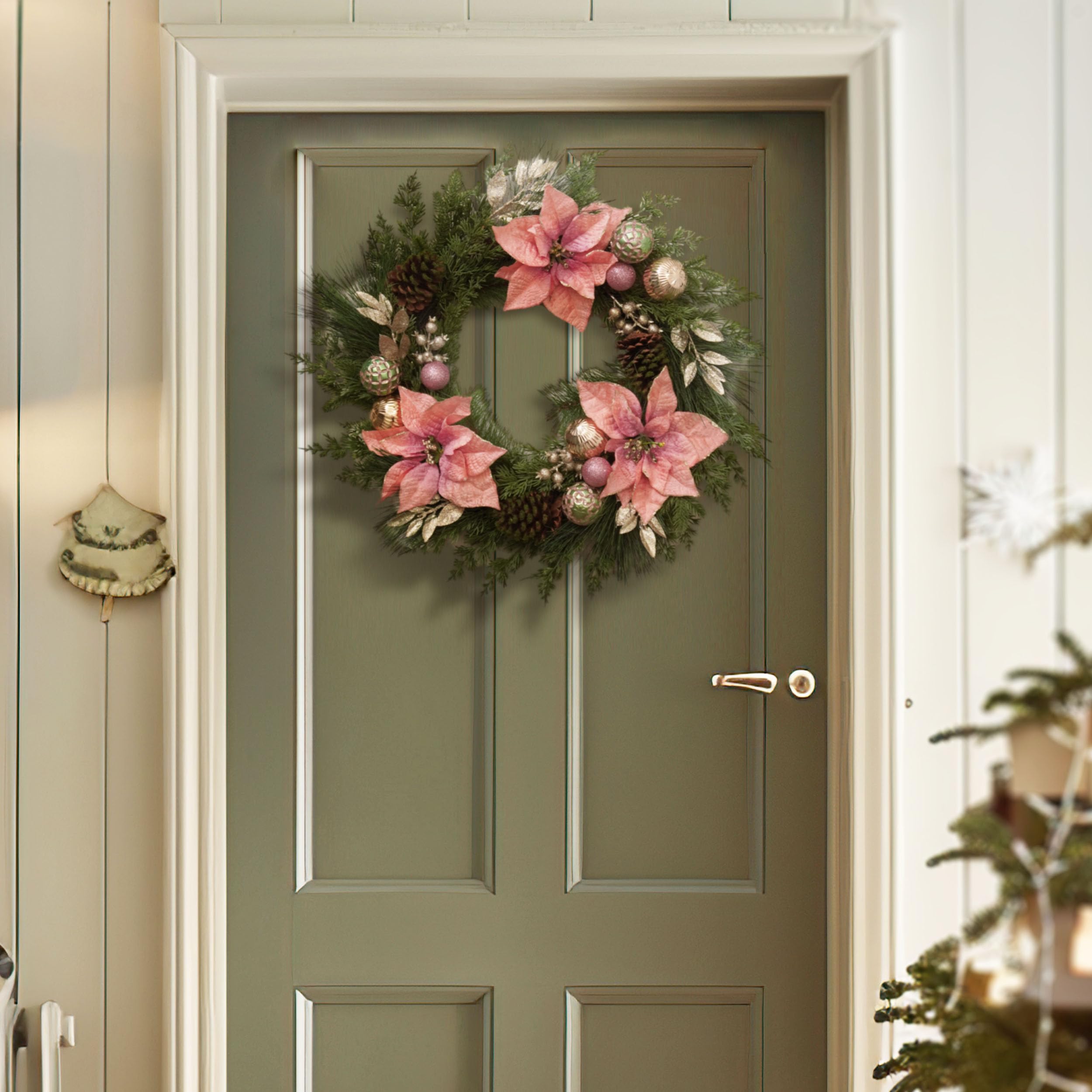 Decorbyhannah Couronne de Saint-Valentin pliable de 61 cm pour porte d'entrée avec lumières, décoration de Saint-Valentin artificielle avec fleurs roses pour fenêtre de table (rose doré)
