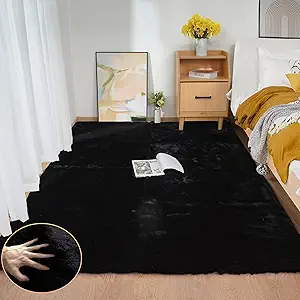 Black Fluffy Rug 5x7 Area Rugs for Bedroom Fuzzy Rabbit Washable Fur Rugs for Living Room Teen Room Nursery Rectangle Rug