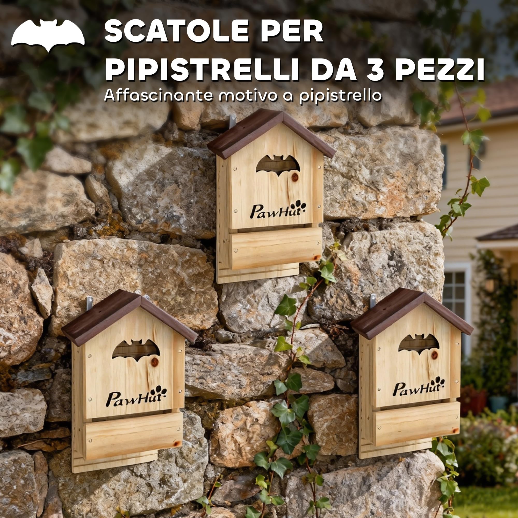 PawHut Set di 3 Casette per Pipistrelli 21.5x11.5x34 cm Legno Naturale | Legno di Abete, Rifugio per Pipistrellini, Da Esterno, Bat Box da Appendere