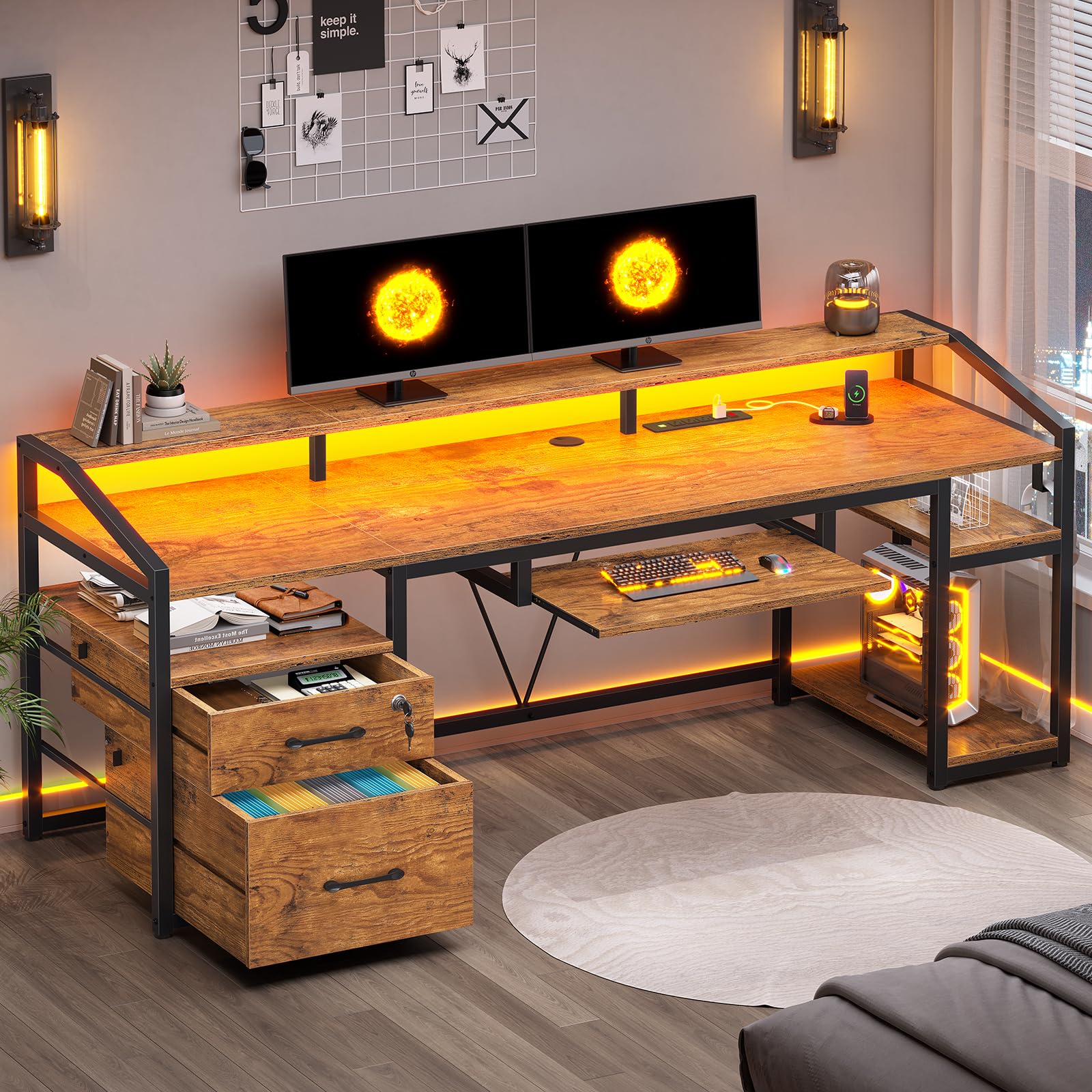 SEDETA 63" Computer Desk, Office Desk with Lock Drawers for Legal/Letter File, Gaming Desk with LED Light & Power Outlet, Home Office Desks for Printer, Rustic BrownThe Forest Stewardship Council