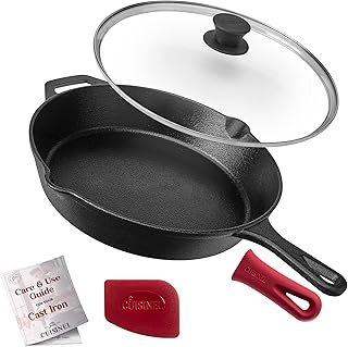 Cuisinel Cast Iron Skillet with Lid - 12"-Inch Frying Pan + Glass Lid + Heat-Resistant Handle Cover - Pre-Seasoned Oven Sa...
