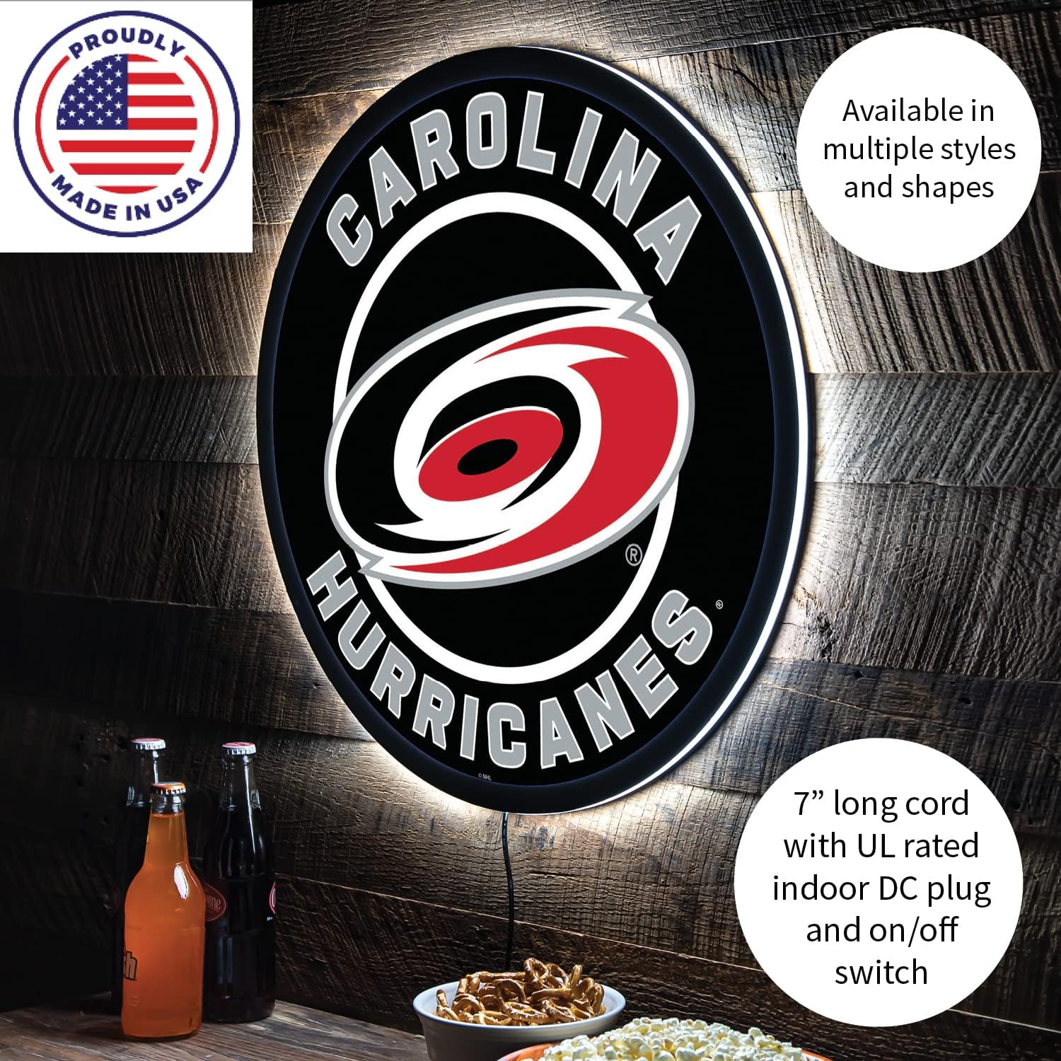 Team Sports America Evergreen NHL Carolina Hurricanes | Ultra-Thin LED Light Wall Sign Decor | 23 Inch Round | Made in the USA