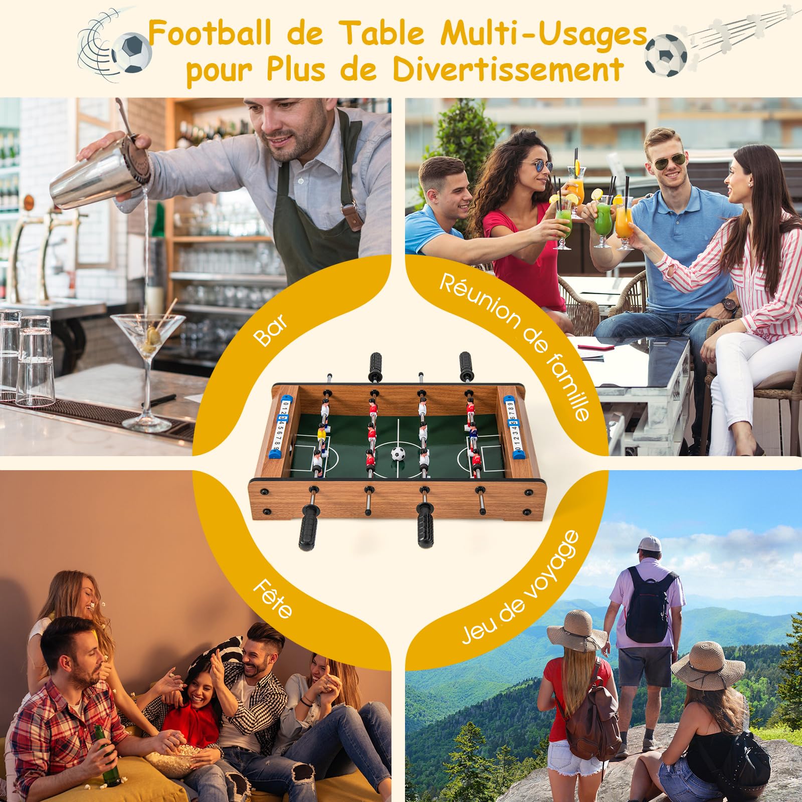 COSTWAY Baby-Foot en Bois avec Poignée Durable, Table de Jeu avec 2 Ballons, Coins Arrondis, Jouets pour Adulte et Enfant pour Fête, Bar, Salle de Jeux, 51 x 30,5 x 9 cm