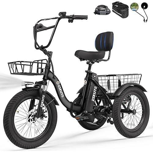 ESKUTE E Trike Electric Bike, Peak 1200W Brushless Motor Folding Trike 18X3.0 Fat Tire Ebike, 499Wh Removable Battery, Step-Thru 3 Wheel Electric Bicycle, Up to 55 Miles, 18MPH+ Tricycle for Adults
