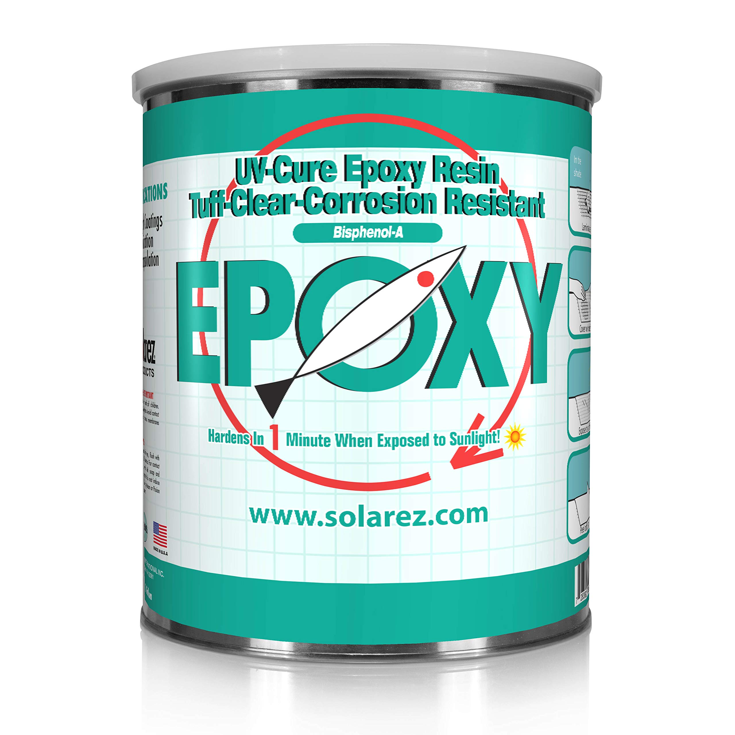 SOLAREZ Bisphenol-A (gal) UV Cure Epoxy Resin ~ Clear Gloss Industrial Standard Epoxy Resin, Corrosion Resistant, Non-Hazmat, 1-min Cure Direct Sun, Boats, Canoes, Wood, Fiberglass, Made in The USA