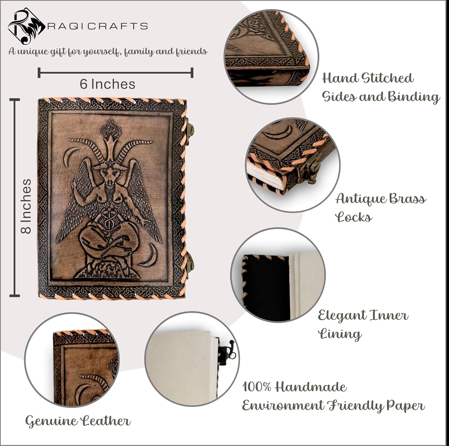 RAQI CRAFTS premium handmade leather journal – Embossed Sigil of Baphomet, Satanic Book of Shadows design, Perfect for spells, travel diary, or vintage-style gift, 8x6in Brushed Bronze color      Unknown Binding