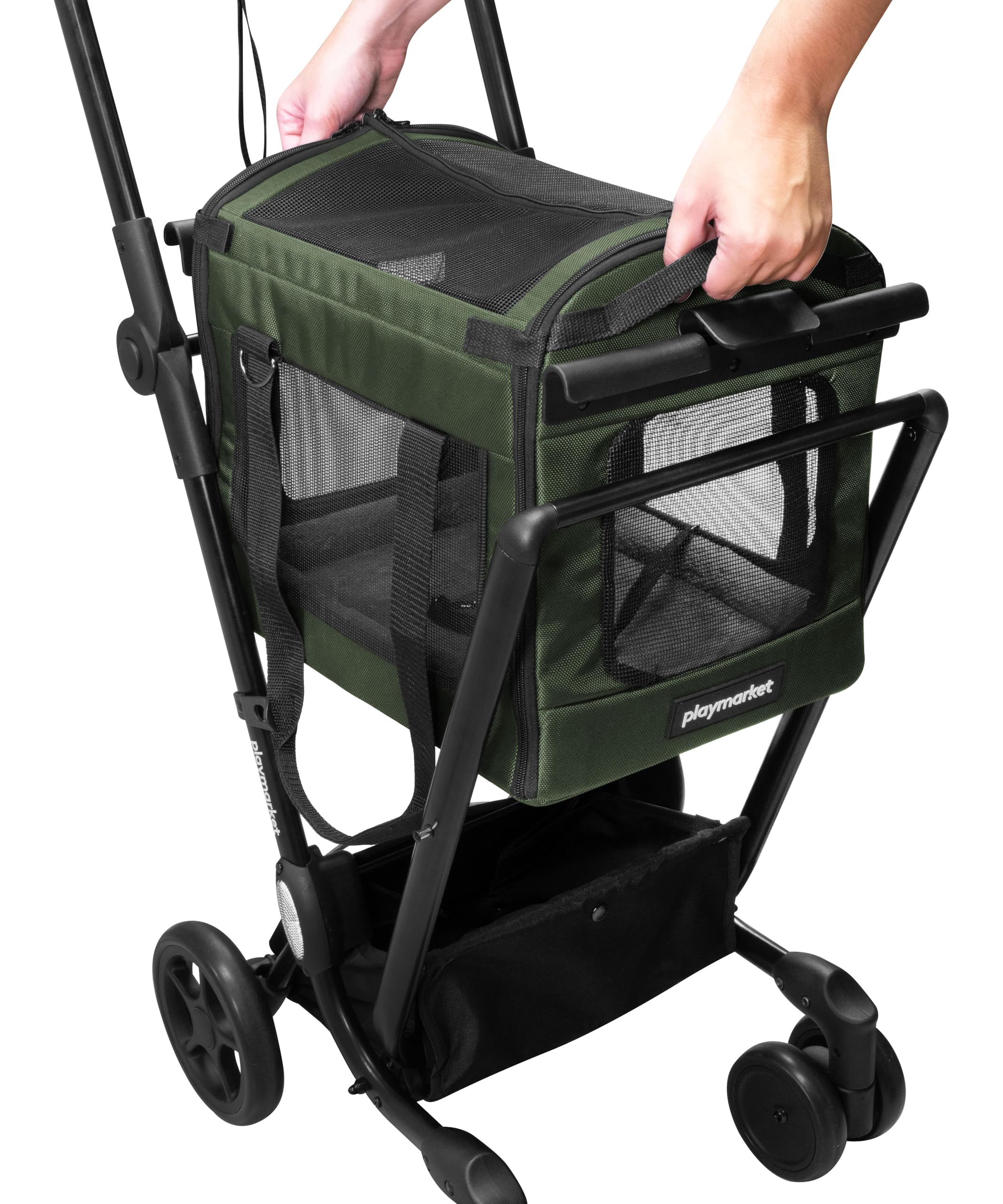 PLAYMARKET Easy go PETS Carrito para Perros 2 en 1, Bolsa de Transporte Plegable con Ventanas de Malla y Aperturas de Ventilación, Hasta 30 kg (mascota max. 6 Kg) - Color Olive (Oliva)