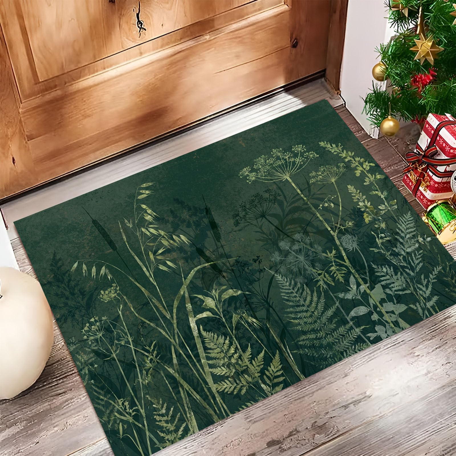 Felpudo Ultrafino para Interiores, 90X150Cm, Hiprato Brumosa Antigua Alfombra Antideslizante Lavable para Entrada, Resumen De Plantas Felpudo De Perfil Bajo, Atrapa Suciedad, Verde