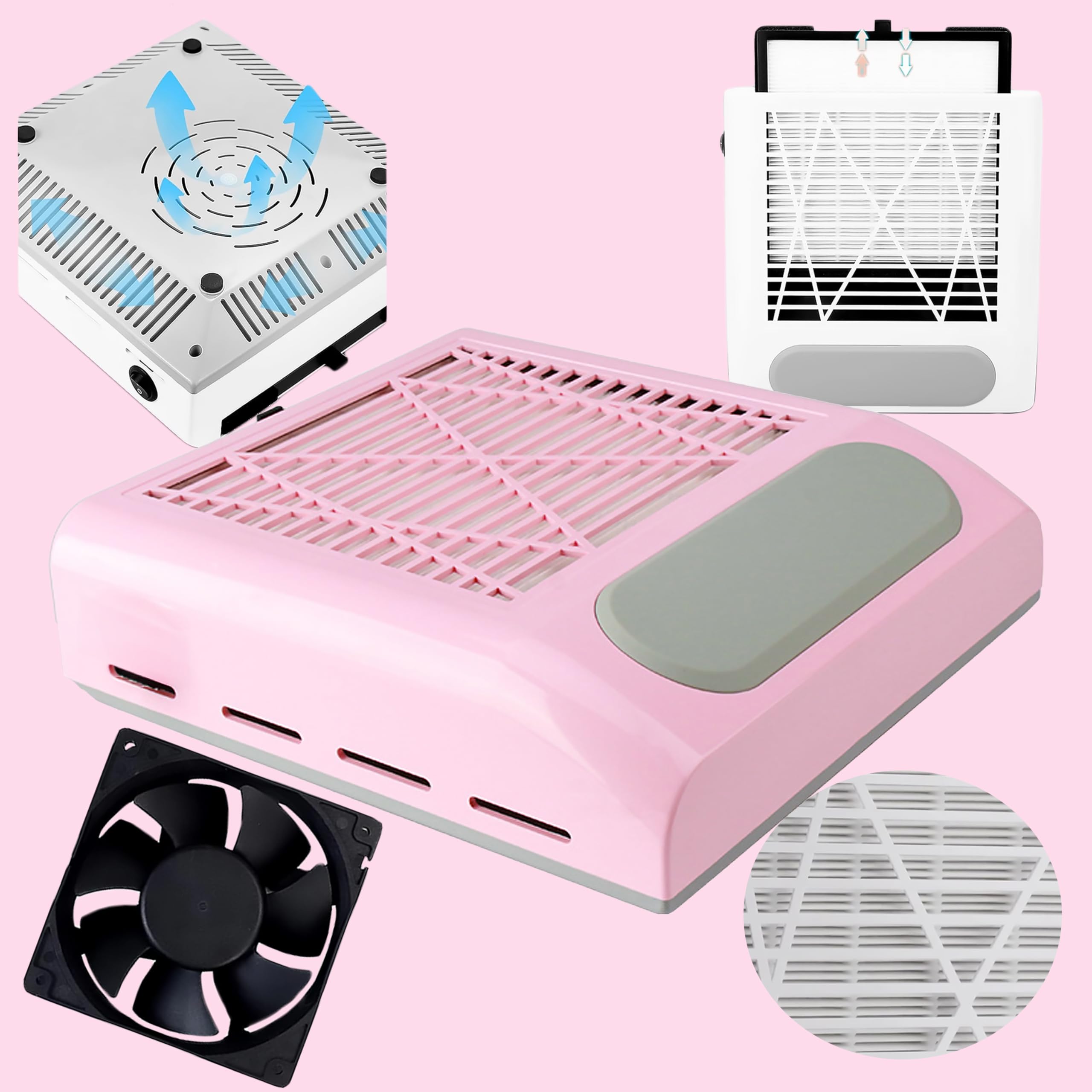Retoo - Aspirador de uñas profesional para salón de manicura y hogar (80 W, potente aspirador para manicura, salón, diseño de uñas, velocidad 4500 rpm, rosa