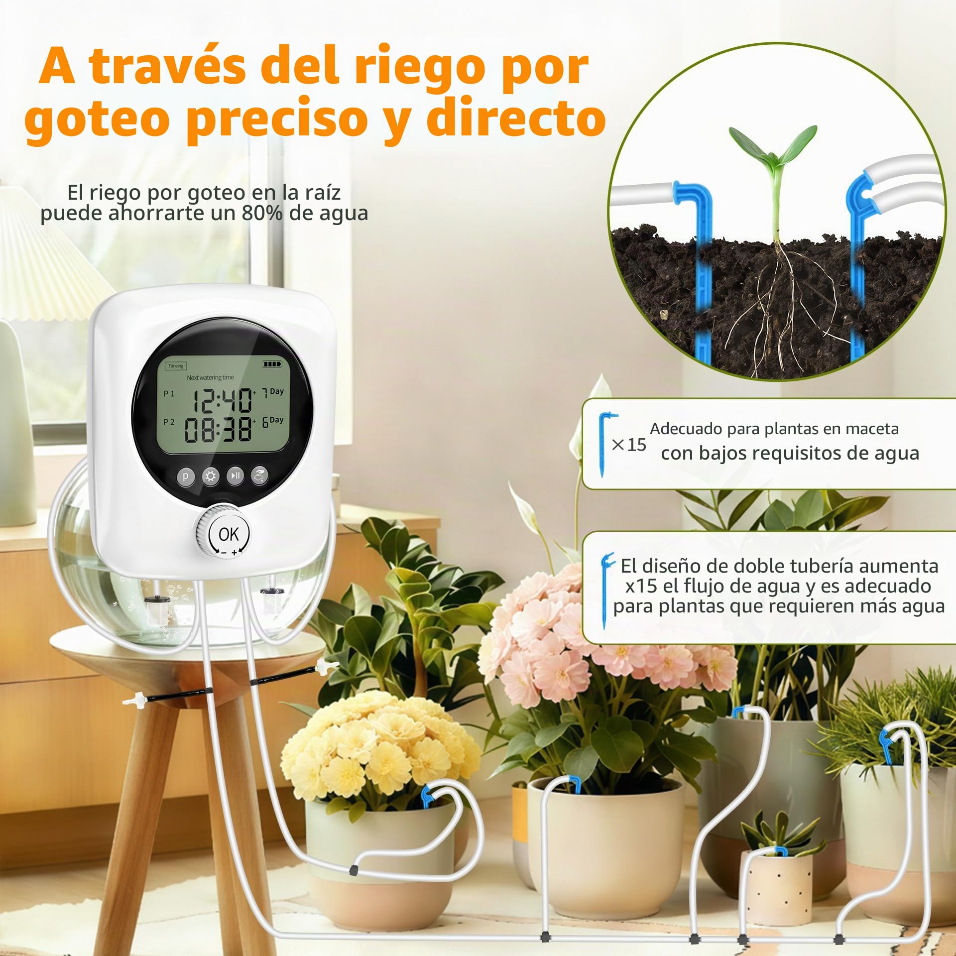 Riego por Goteo Automático Doble Bomba, Kit Riego por Goteo Recargable USB-C con Batería 4400mAh, Temporizador Ajustable Caudal 800ml/min, 20m Tubo+30 Goteros para Jardín Balcón
