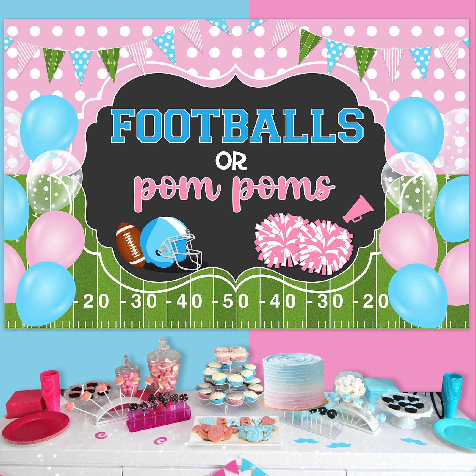 Wonmelody Football Gender Reveal Decorations 5 * 3ft Football or Pom Poms Gender-Reveal Backdrop Banner Pink and Blue Gender-reveal Soccer Baby Shower Party Decorations for Sport Baby Shower - Image 3