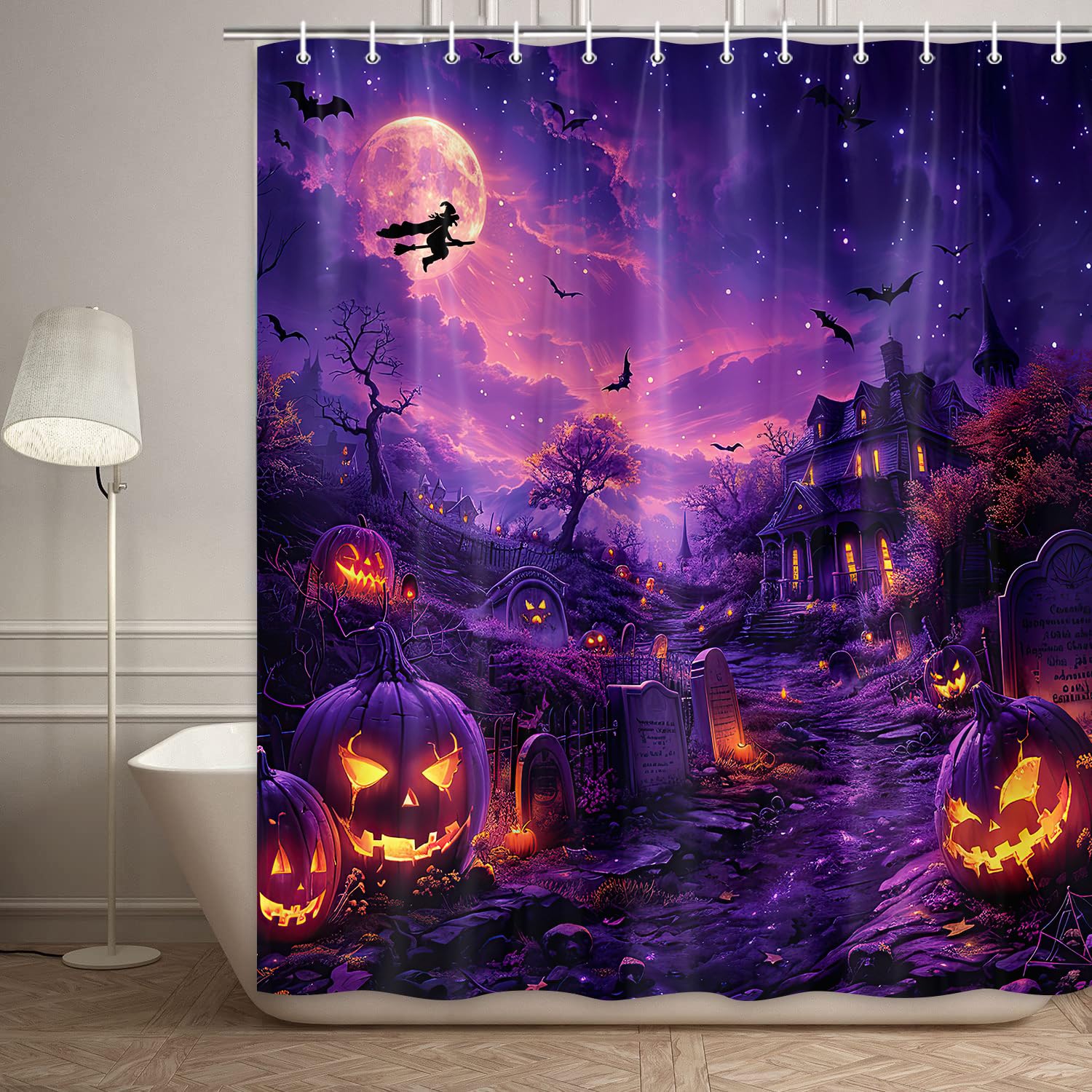 JAWO Halloween Shower Curtain for Bathroom Full Moon Scary Night Castle Pumpkins Party Themed Shower Curtains Spooky Witch Bats Cemetery Child Kids