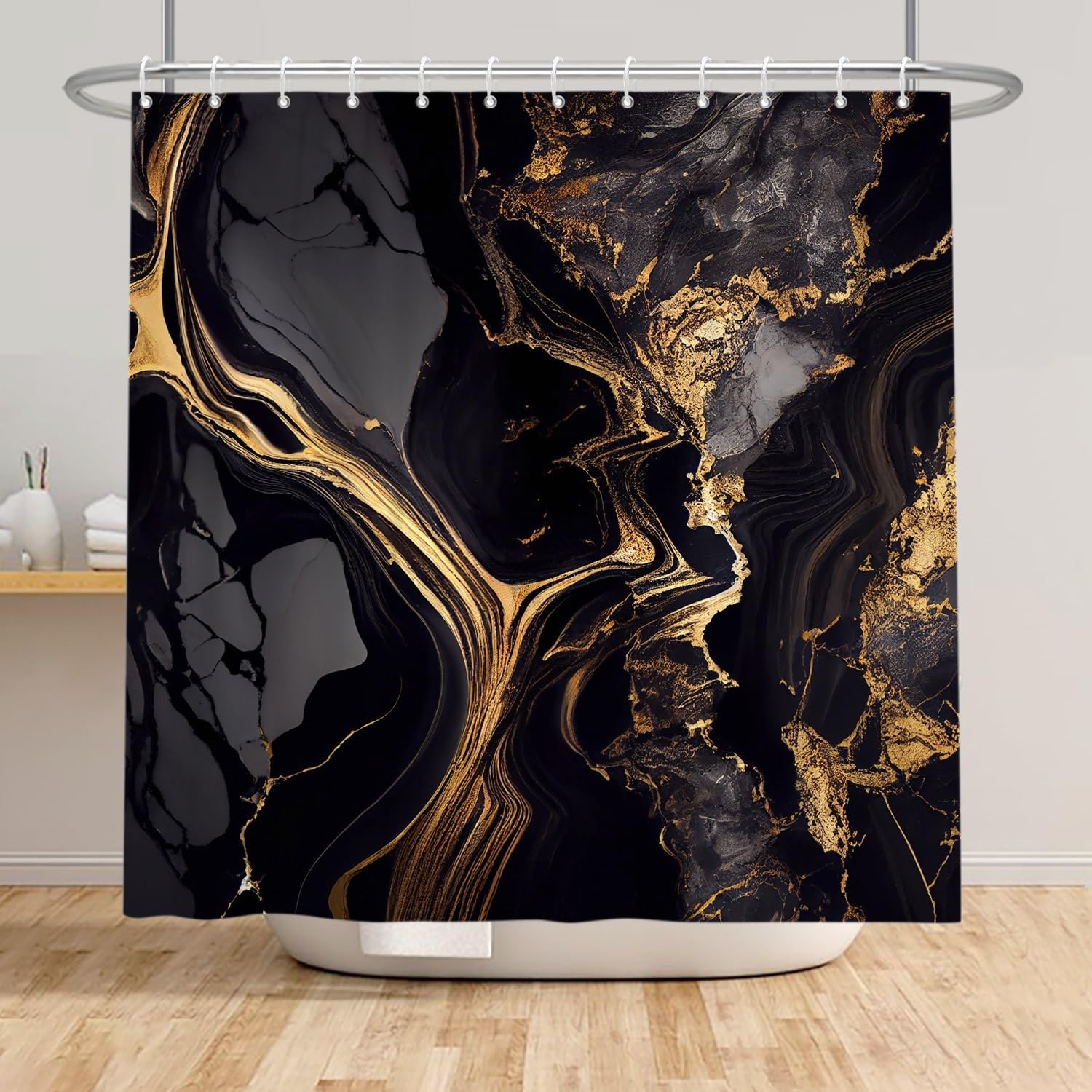 Xiaoterna Marble Shower Curtain Abstract Black Gold Marble Bathroom Curtain Gold Powder Sparkling Modern Luxury Marble Shower Curtain Machine Washable Waterproof Fabric 150x180cm - Image 3