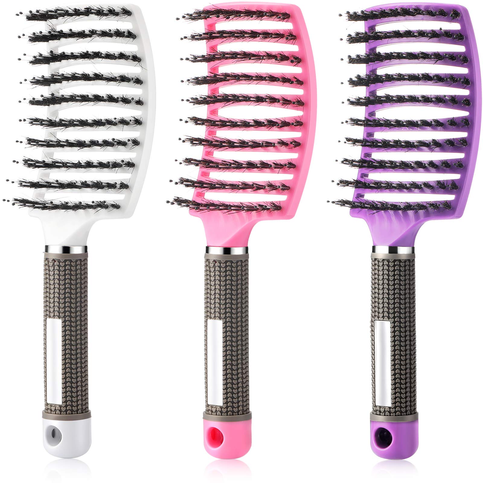 Patelai 3 Pieces Curved Vented Boar Bristle Hair Brushes, Fast Dry Detangling Hair Brush, for Wet, Long and Curly Hair, 3 Colors: White, Pink, Purple