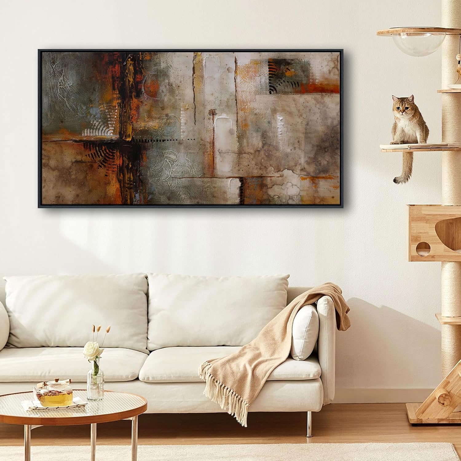 YDYSUNE Framed Abstract Wall Art - Brown Subtle Textured Canvas Wall Decor Painting for Bedroom,Modern Grid Living Room Picture Artwork Decoration Ready to Hang 20×40INCH - Image 3