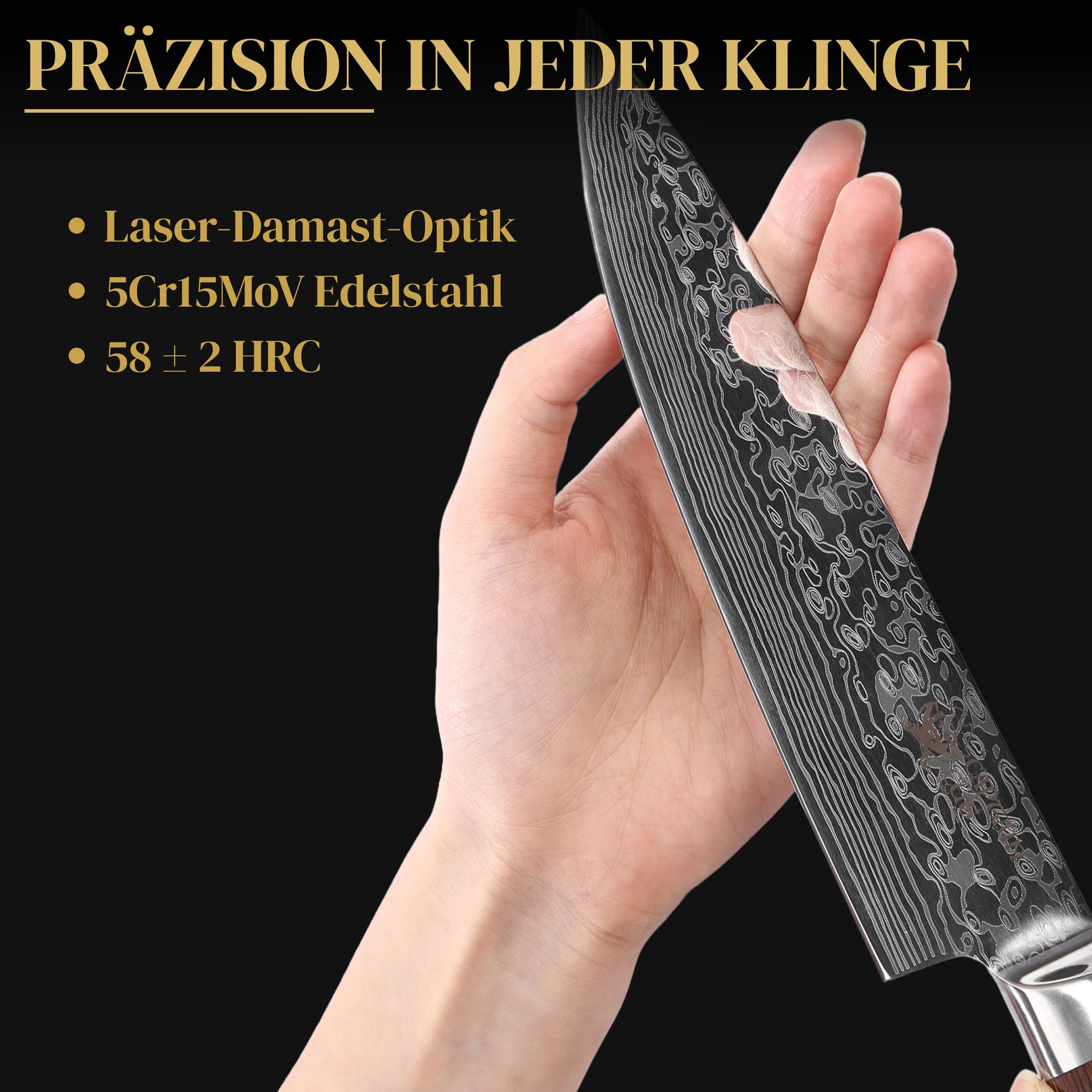 Messerset mit Block – 5-teiliges Küchenmesser Set mit magnetischem Messerblock aus Akazienholz | scharfe Edelstahl-Messer in Damast-Optik, Pakkaholzgriff | Kochmesser, Santoku & Brotmesser
