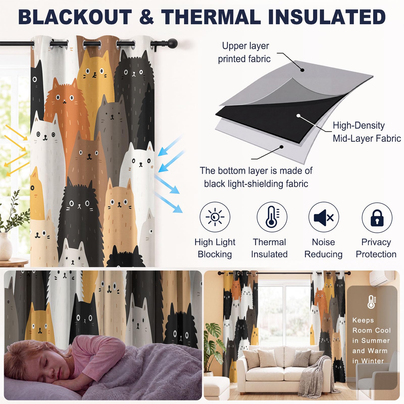 Generisch Tende oscuranti con animali dei cartoni animati, minimalista, set di 2 pezzi, tende oscuranti per camera da letto, cameretta dei bambini, 140 x 260 cm (larghezza x altezza)