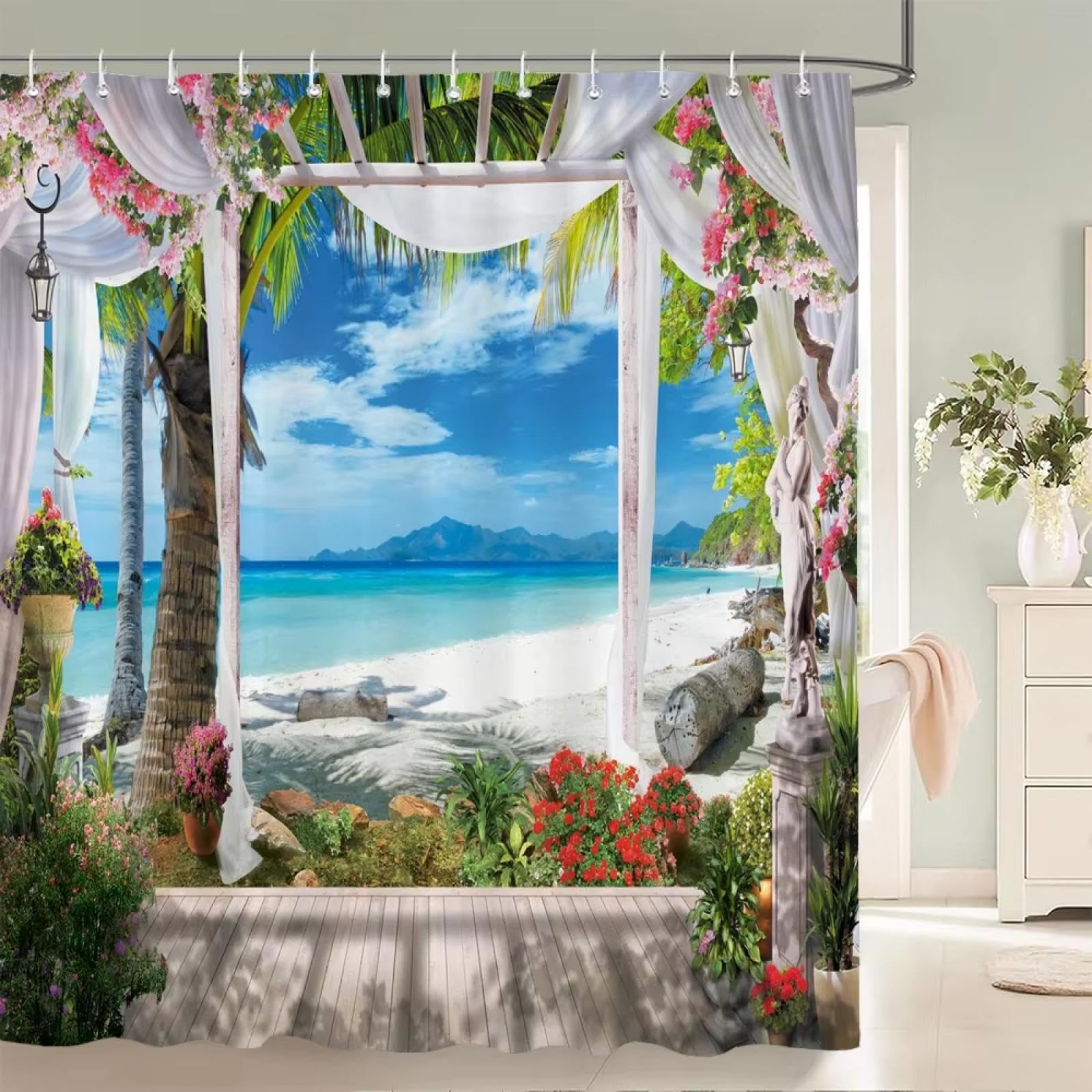 Rideau de douche en polyester anti-éclaboussure à motif fleurs et oiseaux