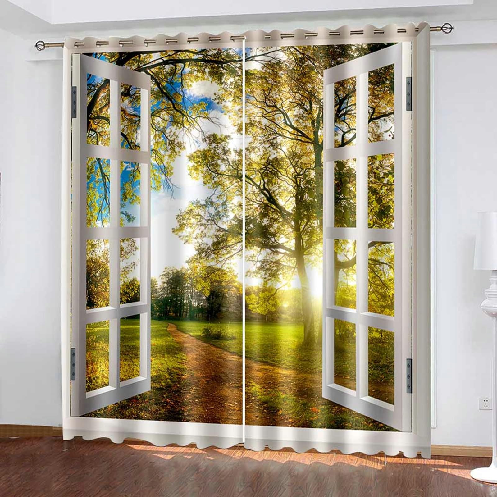 Gualiy Polyester Vorhänge 2er Set Ösen, Vorhänge 132x214cm Fensterrahmen mit Sonnenschein Wald Fenstervorhang Blickdicht