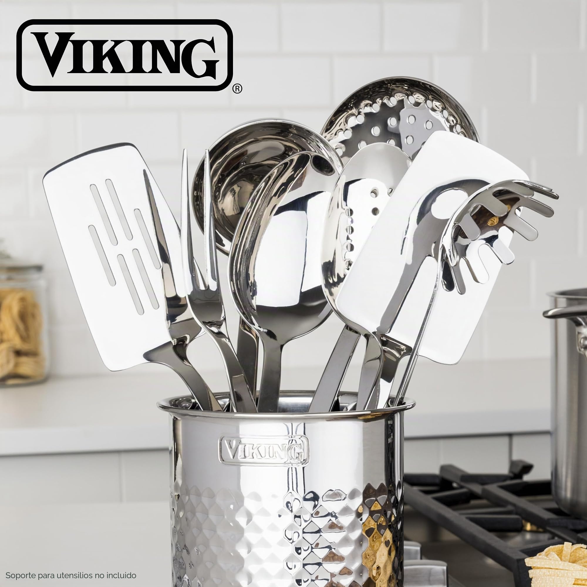 Viking Culinary - Juego de utensilios de cocina de acero inoxidable 304, 8 piezas, asas huecas ergonómicas que se mantienen frías, aptos para lavavajillas, color plateado