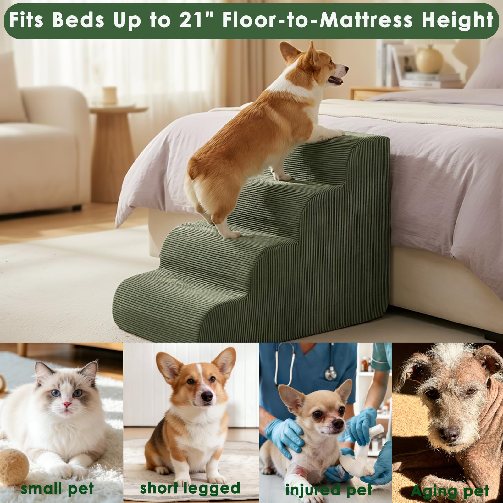 Scale per cani per letto 45 cm di altezza, rampa a 4 gradini per cani anziani e feriti, scala in schiuma per cani e gatti di piccola taglia per salire sul divano o sulla sedia, antiscivolo
