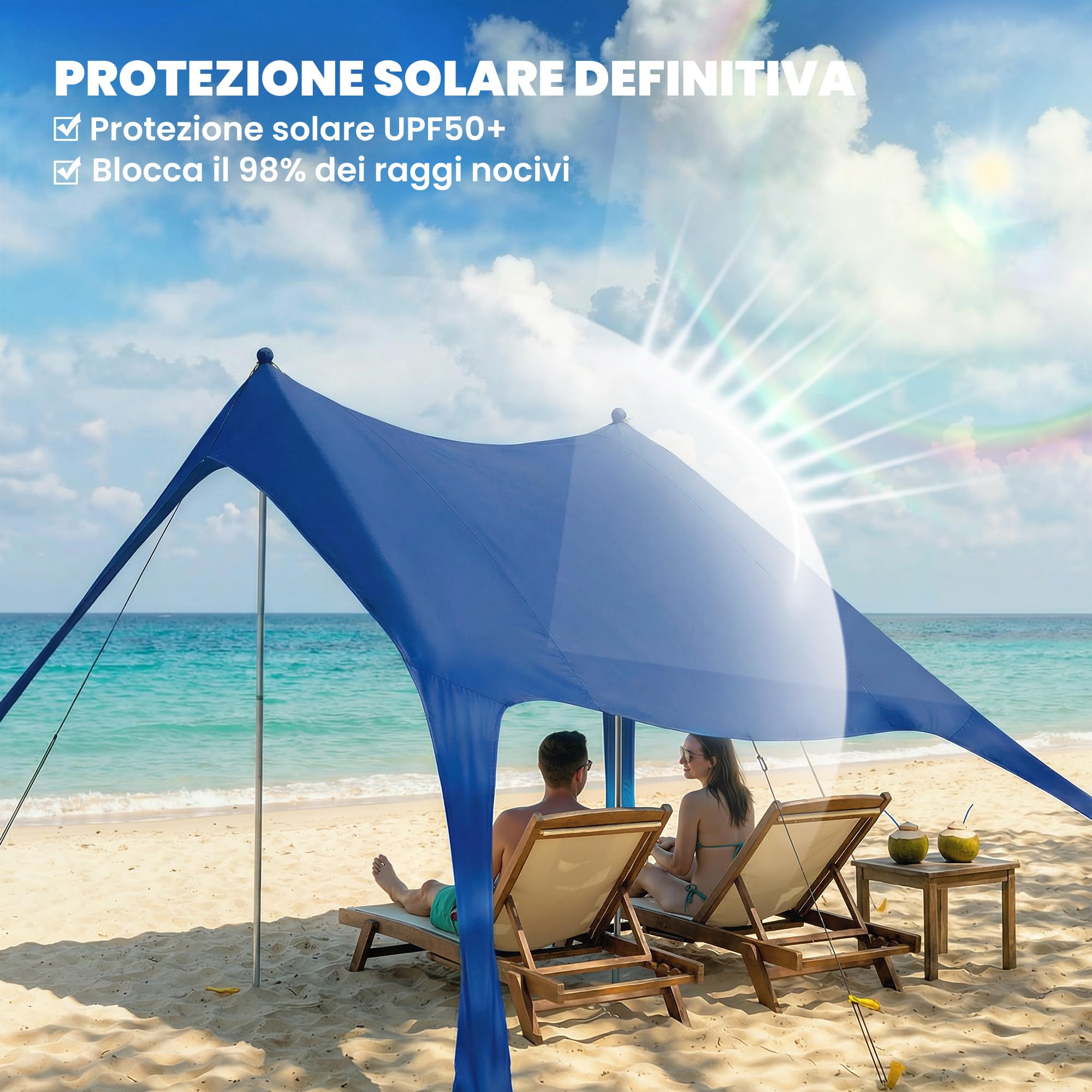 Outsunny Tenda da Spiaggia per 2-4 Persone, Tenda Mare con Tappetino e Pala, Protezione Solare UPF50+, Pali in Alluminio e Picchetti, Resistente al Vento, 200x208x200 cm
