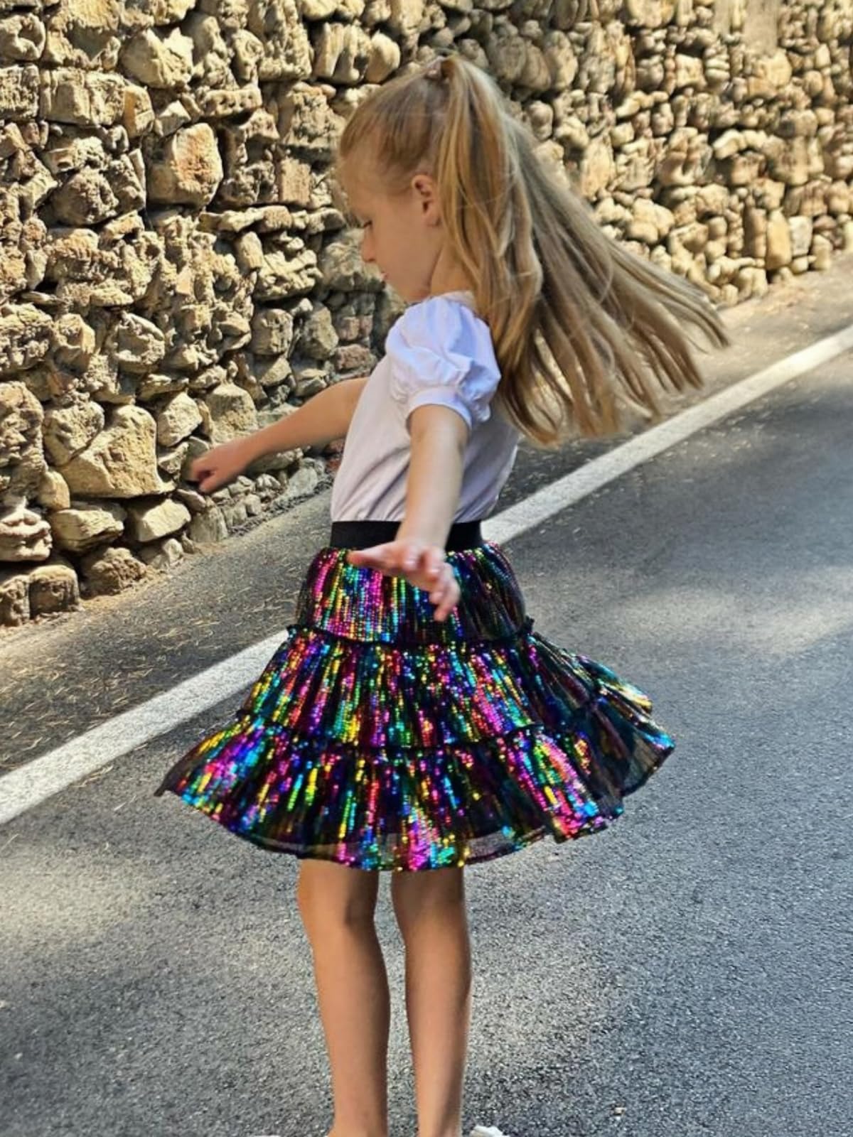 Rolanko Gonna con Paillettes Scintillanti per Ragazze, Vita Elastica Abito Estivo Pieghettato in Tulle Fluente con Balze per Festa di Danza