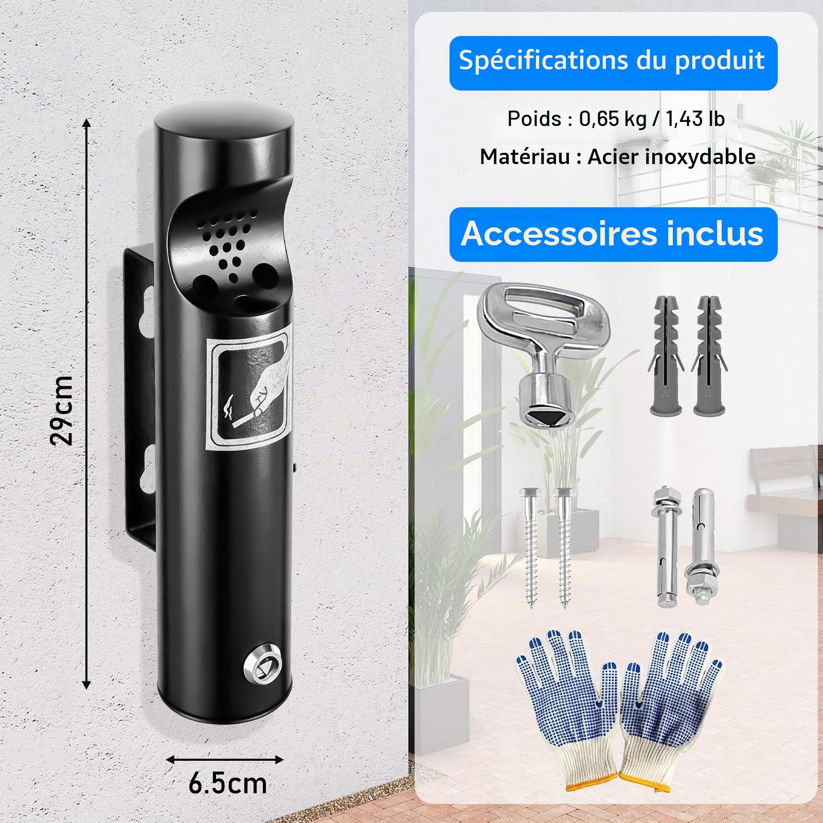 Cendrier mural en acier inoxydable avec serrure - Cendrier mural pour l'extérieur, l'intérieur et l'extérieur - Pour terrasse, restaurant, hôtel (6,3 x 30 cm, noir)