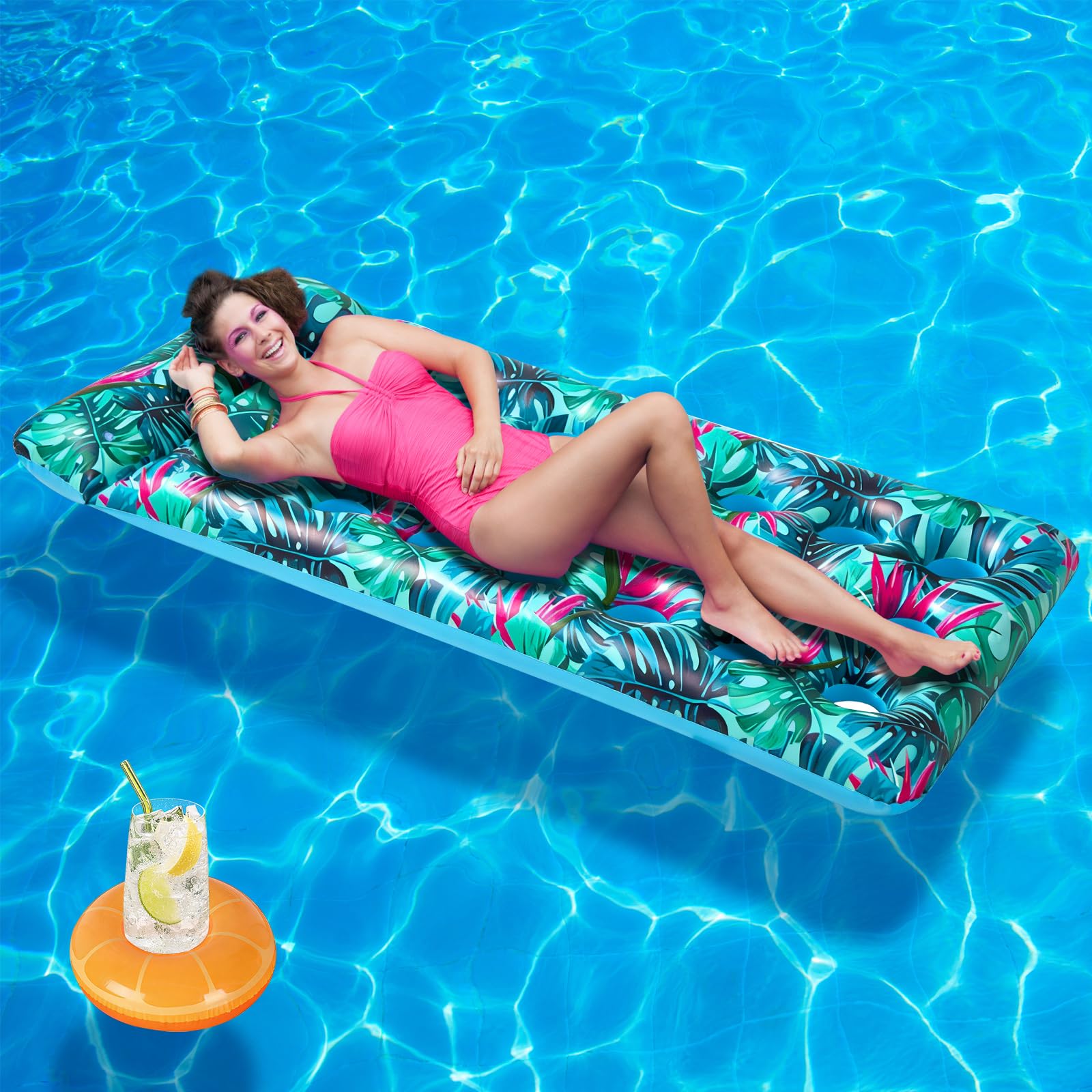 Luftmatratze Pool Erwachsene, Aufblasbare Wasserhängematte mit Kopfstütze, Lounge Liege mit 21 Löchern, Schwimmmatratze für Strand Sommer Wasserparty, PoolZubehör, 180X86 cm (Blau)