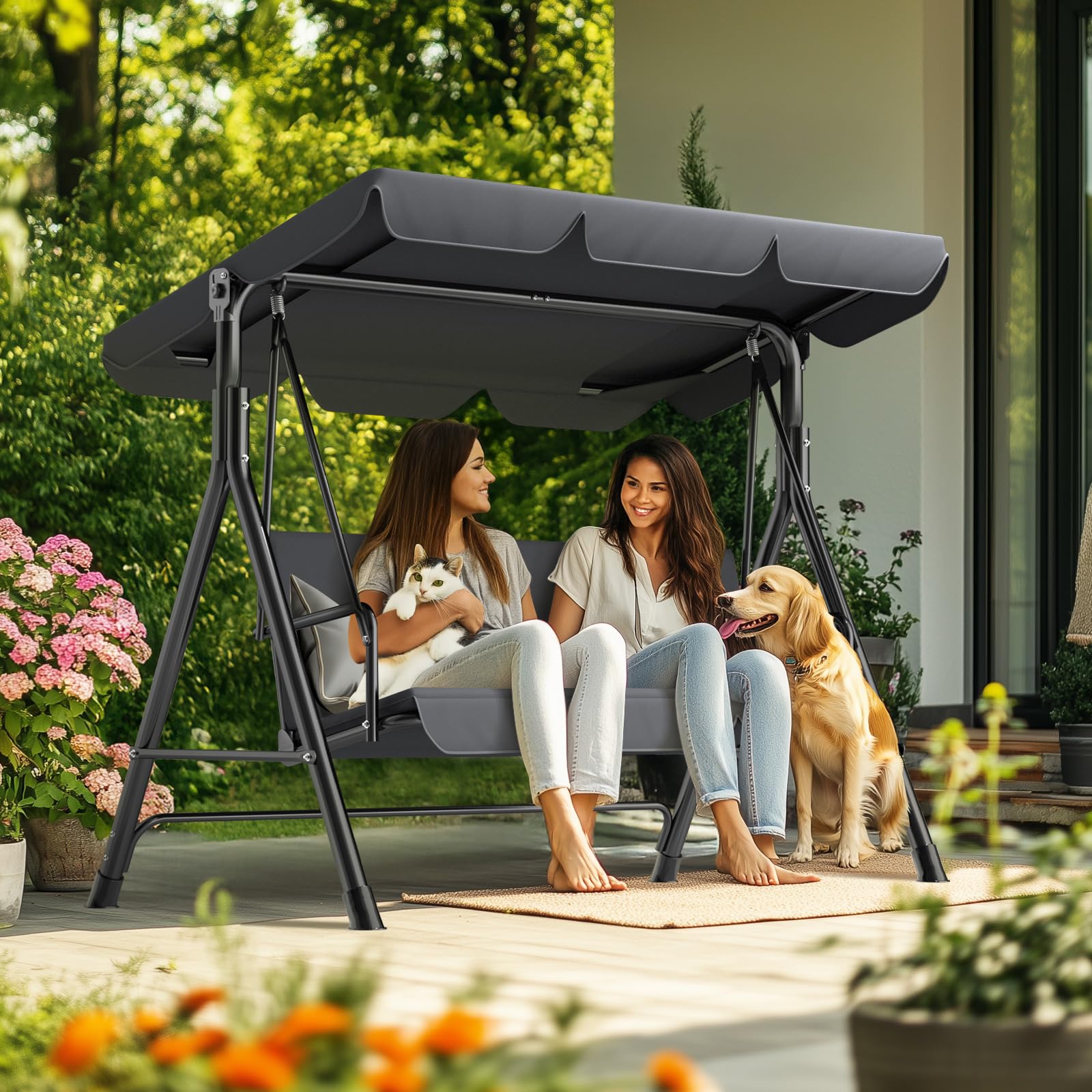 Balancín de Jardín de 3 Plazas con Toldo Ajustable para Exteriores, Columpio con Patas Antideslizantes, Banco Soporta Hasta 200 kg, Tumbona para Terraza, Color
