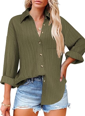 HOTOUCH Womens Button Down Shirts Long Sleeve Dress Shirt Textured Collared Work Blouse Dressy Casual Tops with Pocket