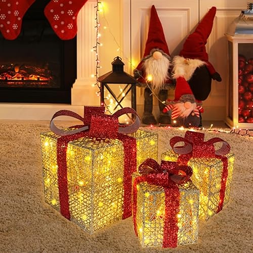 Juego de 3 cajas de regalo iluminadas, cajas de regalo iluminadas de Navidad color dorado champán, 60 luces blancas preiluminadas, caja de regalo