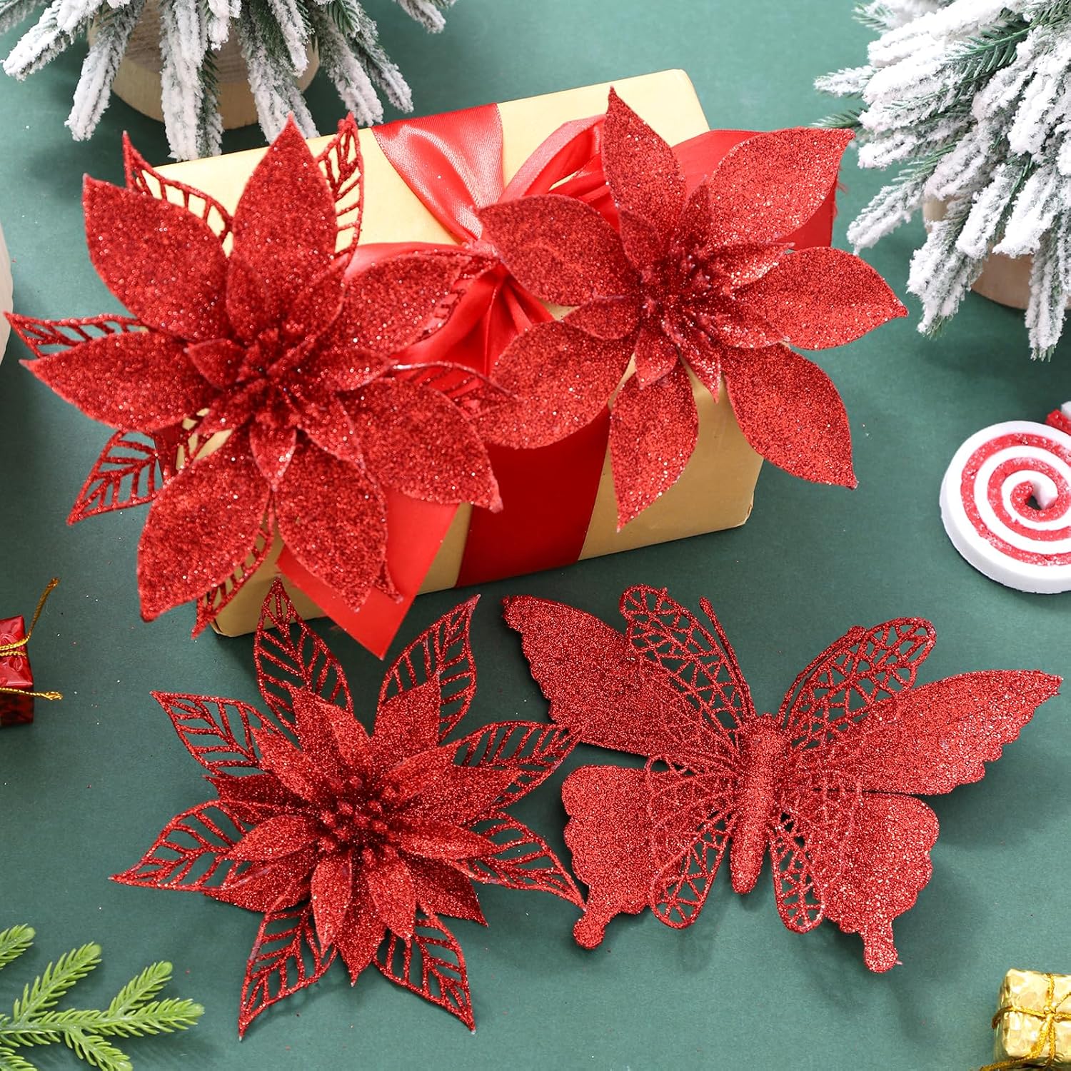 24PC 5.5" Red Artificial Poinsettia Christmas Flowers, Glitter Christmas Decorations for Xmas Tree Wreath Fireplace New Year Home Decor (Red)