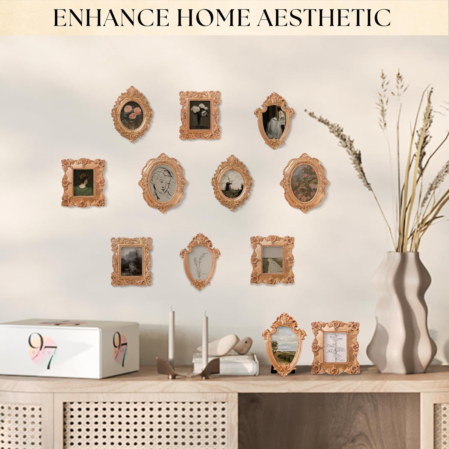 97 Decor Small Rose Gold Picture Frames Set - 10 Pcs Oval Rectangle Golden Mini Frames, Baroque Gallery Wall Frame Pack, Assorted Vintage Frame For Wall Decor (With Backing, Without Glass)