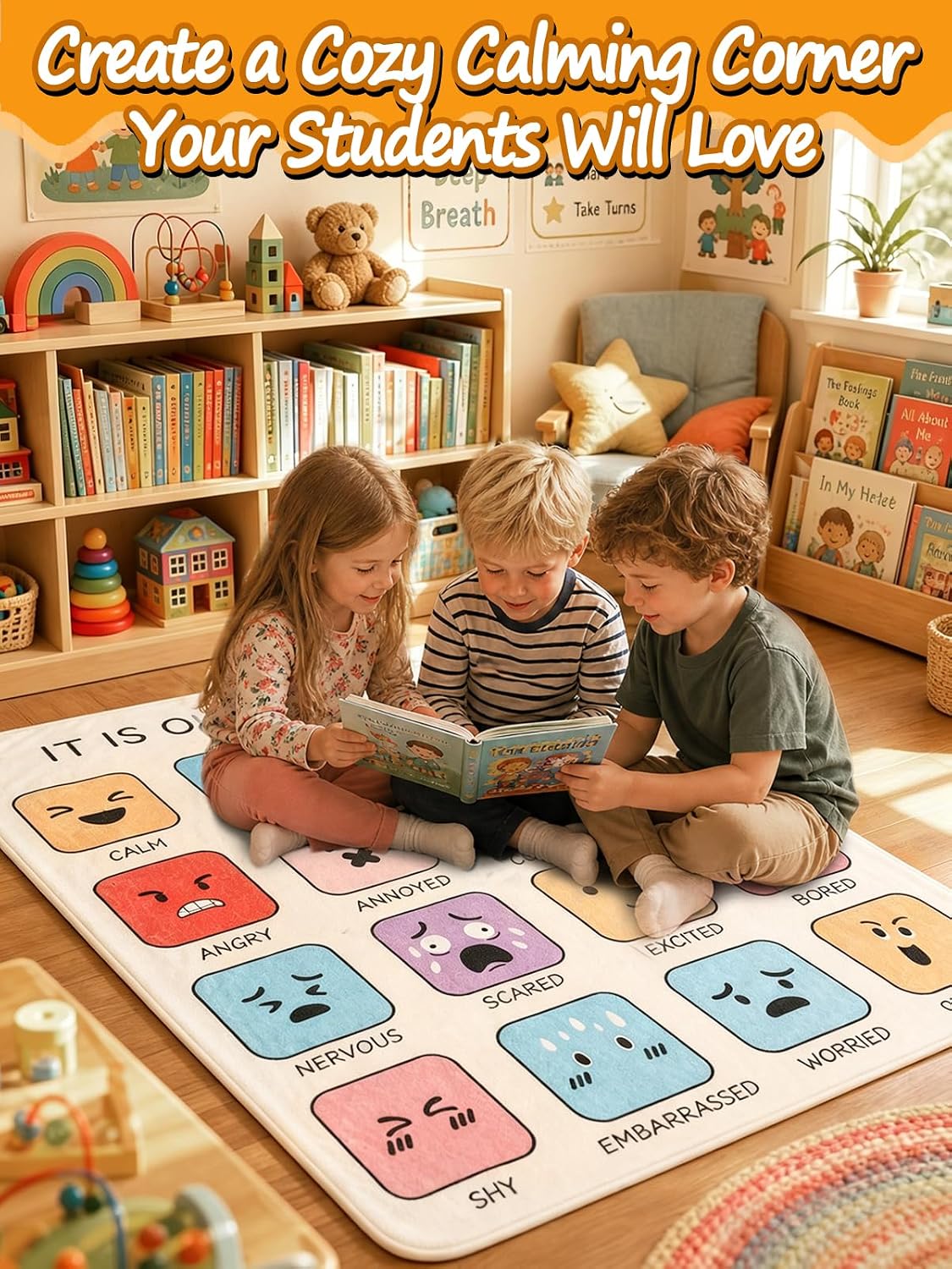Aulock 39.5'' x 48'' Calm Down Corner Supplies Classroom Rug - Non-Slip Backing with 8 Grippers, Feelings Chart Theme Kids Reading Rug for Playroom Nursery Teacher Classroom Decor
