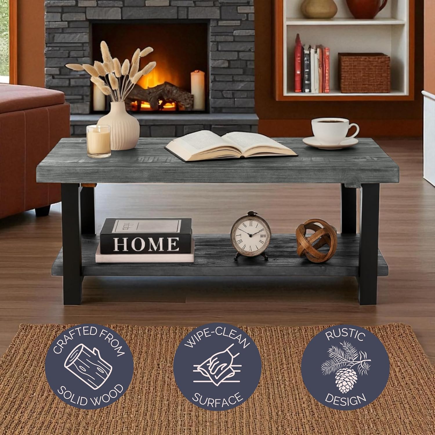 Alaterre Furniture Pomona Living Room Collection – 42 Inch Rectangular Solid Wood Coffee Table with Storage Shelf & Metal Legs – Modern Rustic Industrial Living Room Table (Slate Grey)