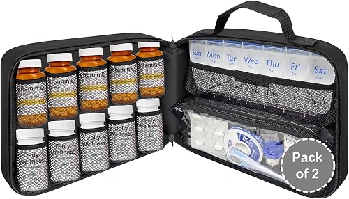 Pack of 2 - Large Padded Pill Bottle Organizer, Medicine Bag, Case, Carrier for Medications, Vitamins, and Medical Supplies with Fixed Pockets - Black (without Lock)
