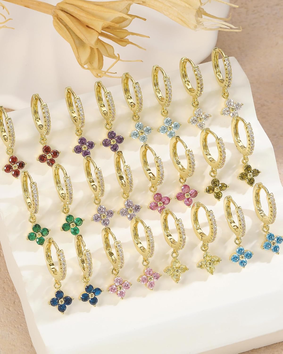 Birthstone Dangle Earrings for Women 14K Gold Plated Huggie Earrings 925 Sterling Silver Post Trendy Clover CZ Drop Earrings Hypoallergenic Womens Birthday Valentine's Day Gifts - Image 7