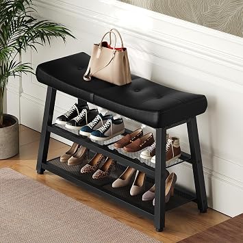 YATINEY Shoe Bench, 3-Tier Shoe Rack, Entryway Bench with Storage and Cushion, for Hallway, Foyer, Bedroom, Black HX02BB