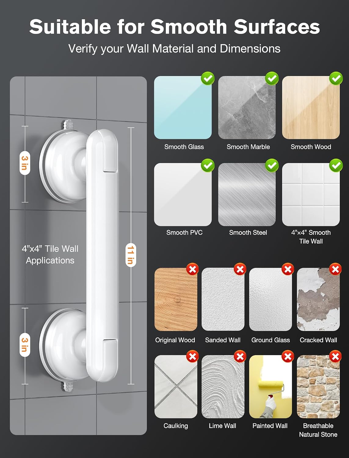 Grab Bars for Bathtubs and Showers, Shower Handles for the Elderly and People in Need, 2026 Upgraded Rubber Suction Cup with Maximum 350 lbs Suction Power, No Drilling-(White-2 Pack)