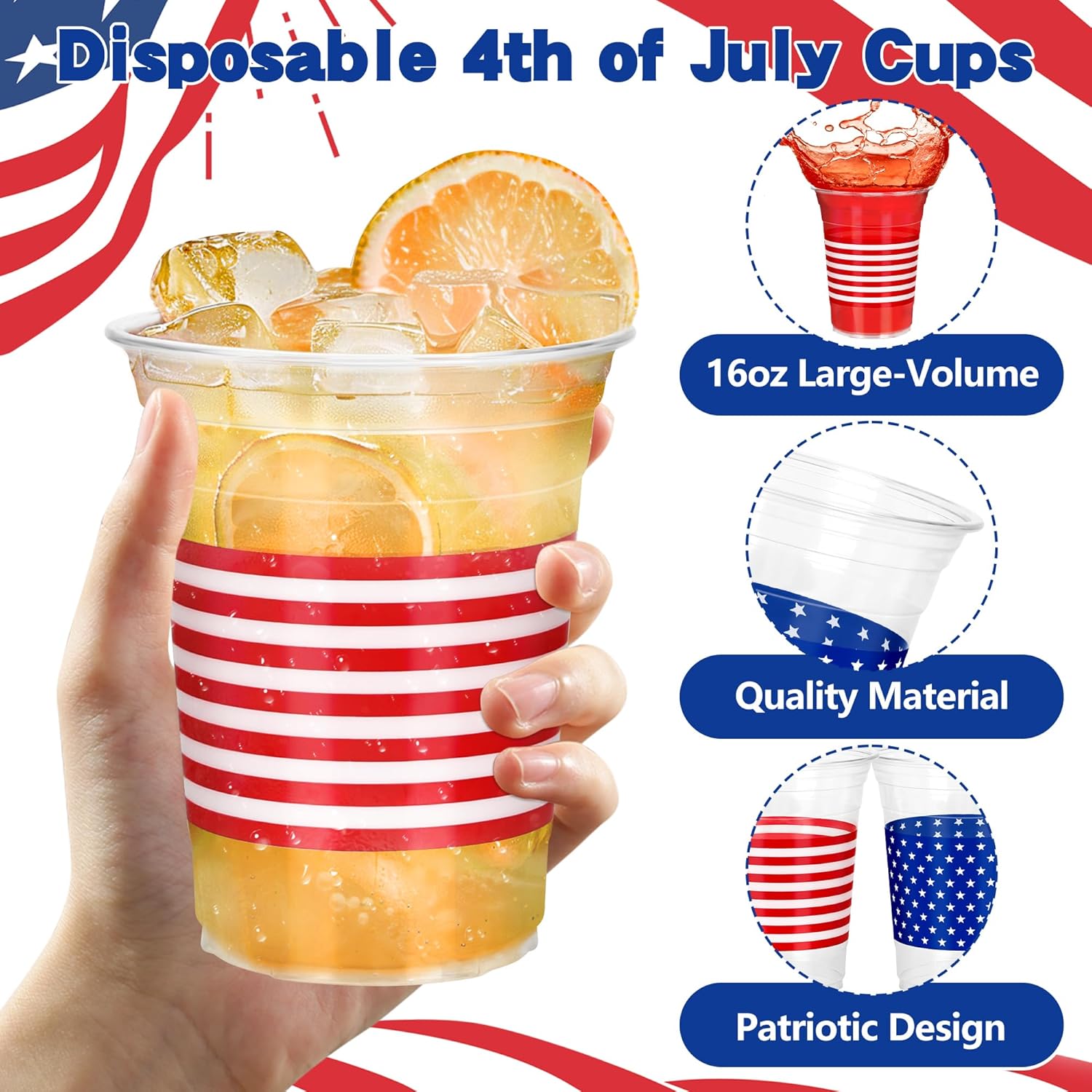 QZYL 100 Pcs Fourth of July Cups, 16 oz 4th of July Cups with Star Pattern Decor, Disposable Plastic Memorial Day Cup of Independence Day Decorations, Juice Coffee Drinks for Party Supplies