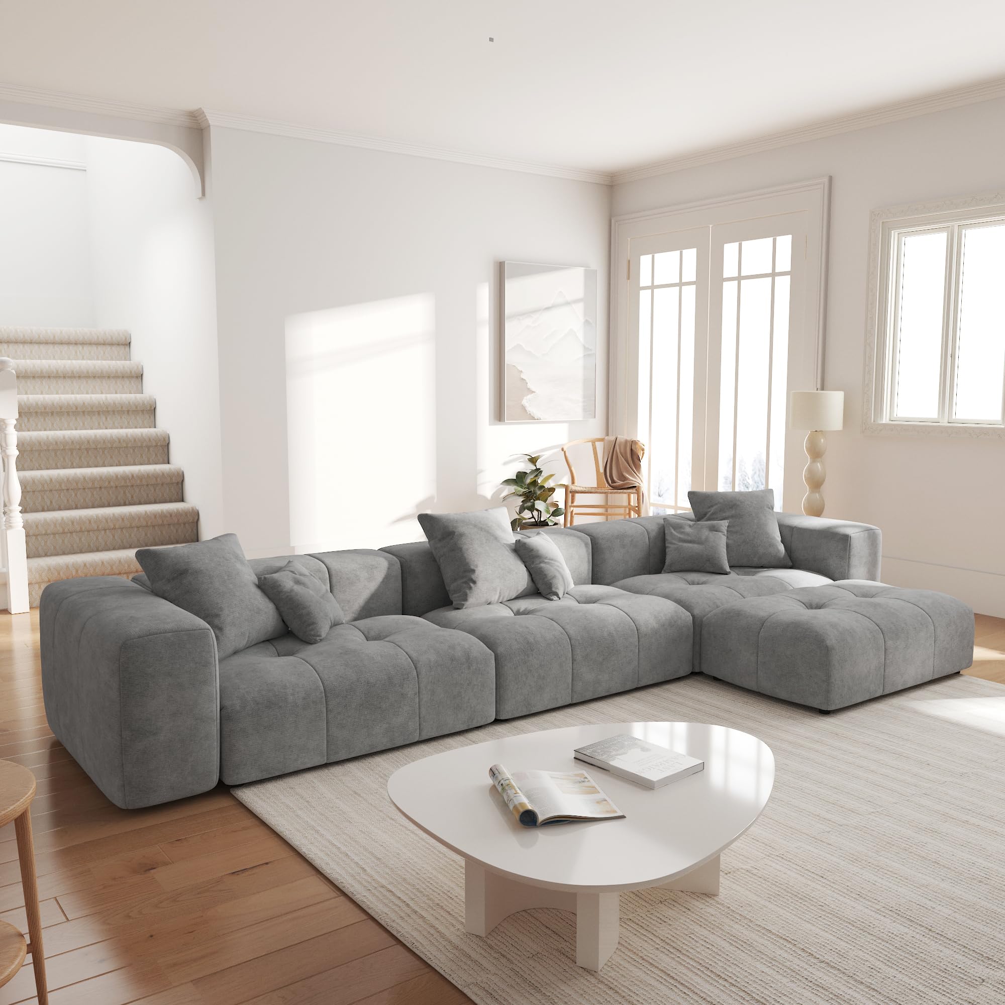 JACH 144.1 Inch L-Shaped Modular Sofas, Modern 3-Seater Couch with Chaise Ottoman, Mid Century Modern Sectional Couches, Cozy Sleeper Sofa for