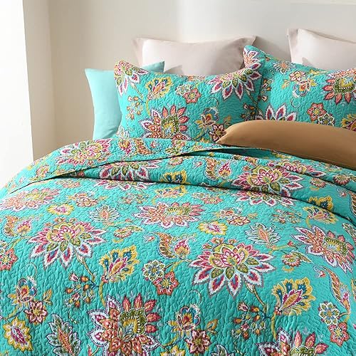 Miniatura 2 de VISIMISI Juego de colcha de algodón reversible, juego de colcha de cachemira floral (verde vintage floral, tamaño queen)