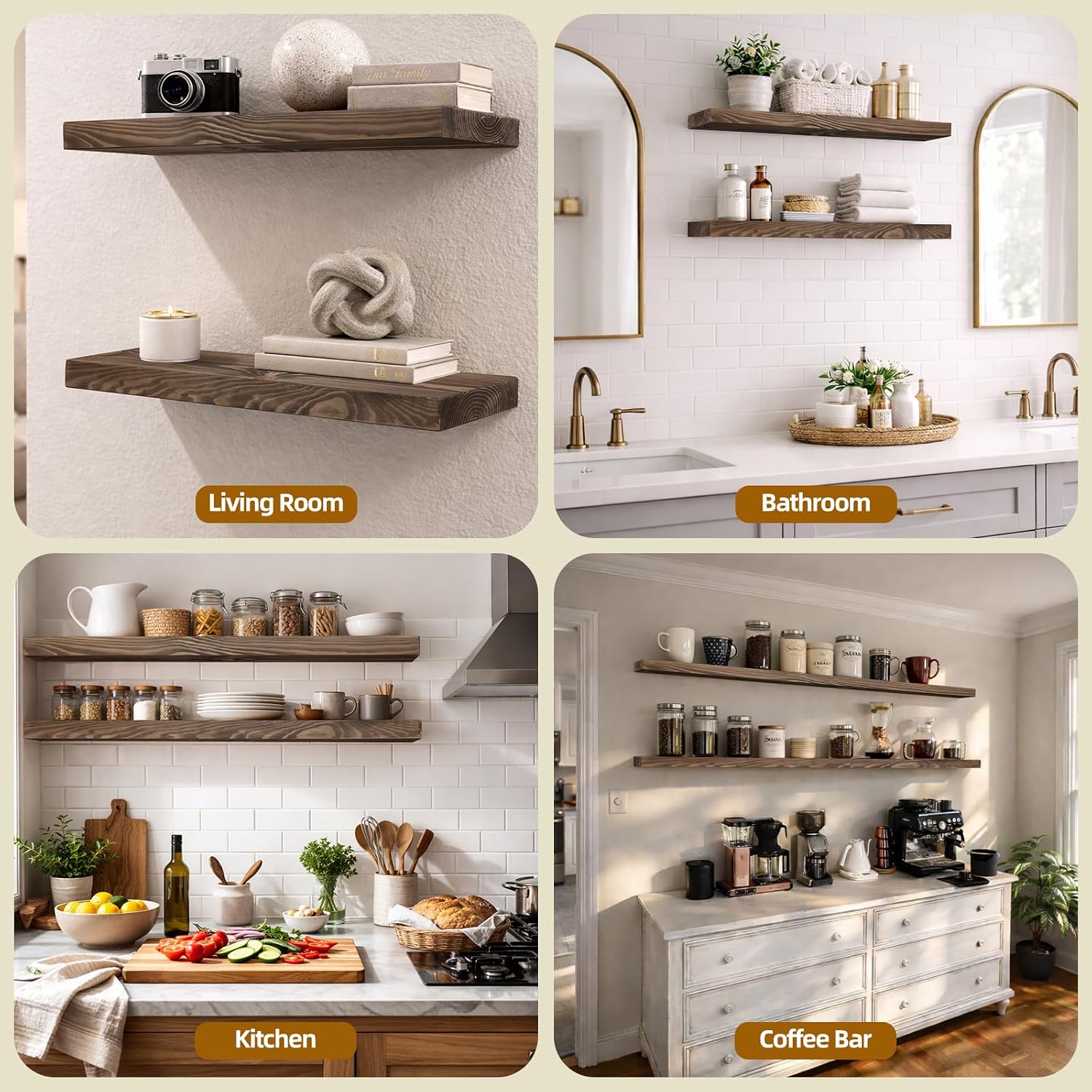 24 Inch Rustic Wood Floating Shelves for Wall,8.66 Inch Deep Solid Wood Wall Shelf with Heavy Duty Hidden Bracket, Black Walnut,24 × 8.66 × 2.28,for Living Room Bathroom Bedroom Kitchen, Set of 2