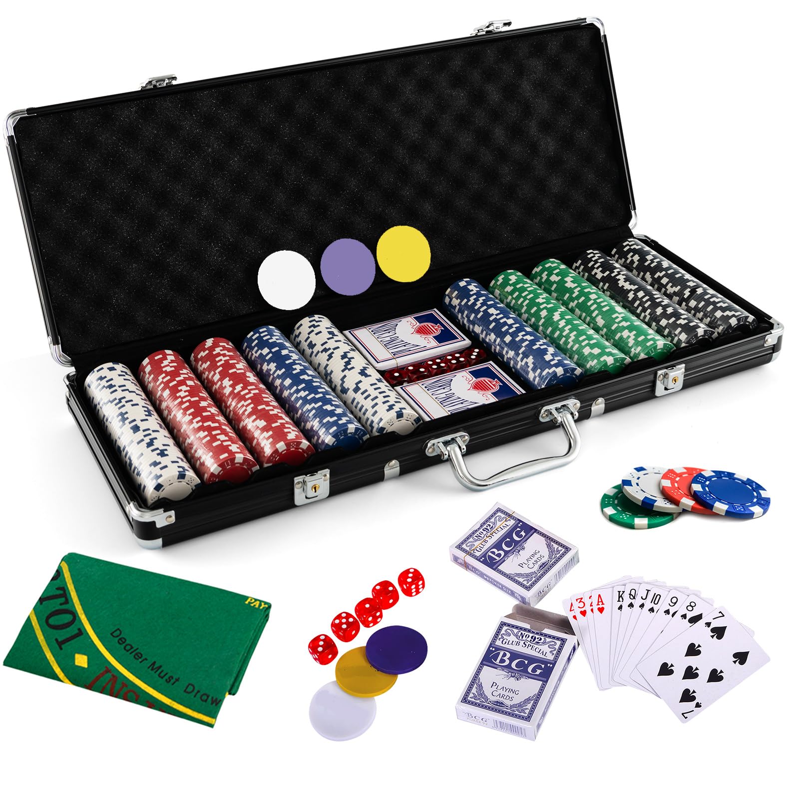 HOMASIS Pokerset mit 500 Chips, Poker Koffer mit 2 Kartendecks, 5 Würfel, Kasino-Matte, 3 Dealer Button, abschließbar Pokerkoffer Profi aus Alu, Komplettes Poker Set Pokerkarten für Partys (Schwarz)