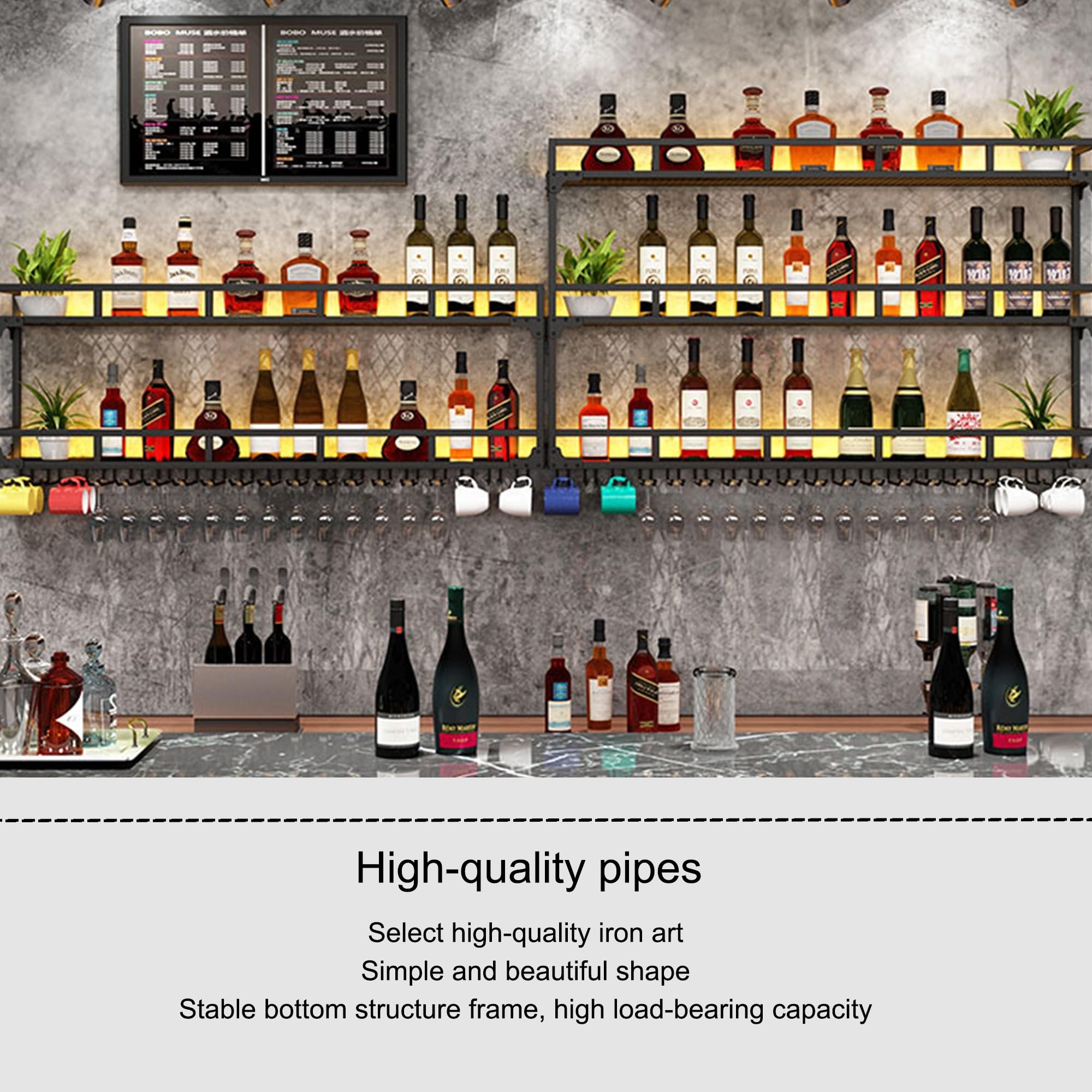 Porte Bouteille Casier à Bouteilles Mural avec Lumière Range Bouteille Etagere Murale Meuble Bar avec Support Verre a Pied Suspendu pour Comptoir de Bar Salon Cuisine Cave(Nero,80*25*54cm)