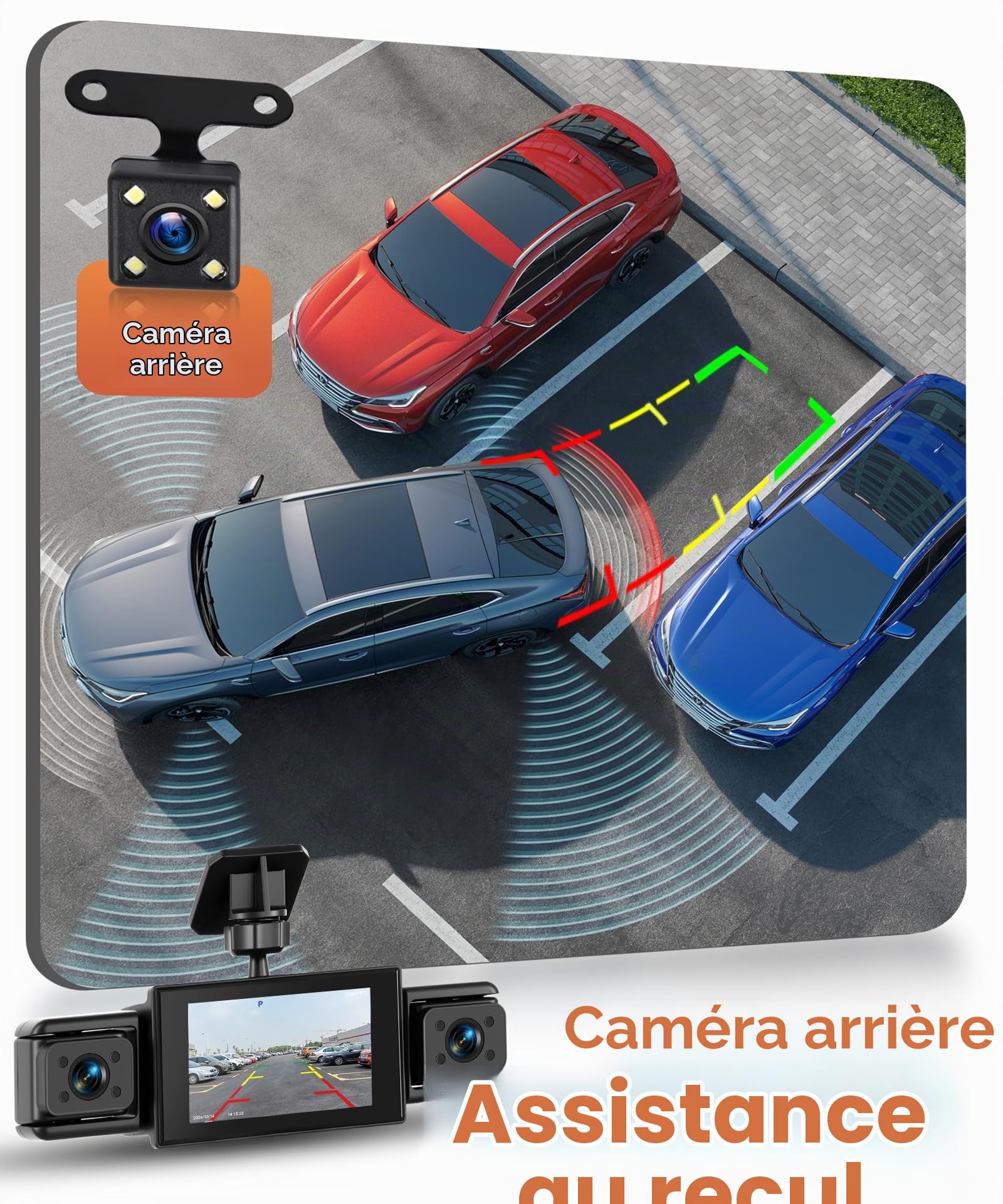 Rimoody 4 Canaux 360° Dashcam Voiture, 4 x Caméra 1080P Avant et Arrière Gauche Droite, 3" IPS Dash Cam de Voiture Vision Nocturne/Vidéo en Boucle/Moniteur de Stationnement 24H/Aide au Stationnement