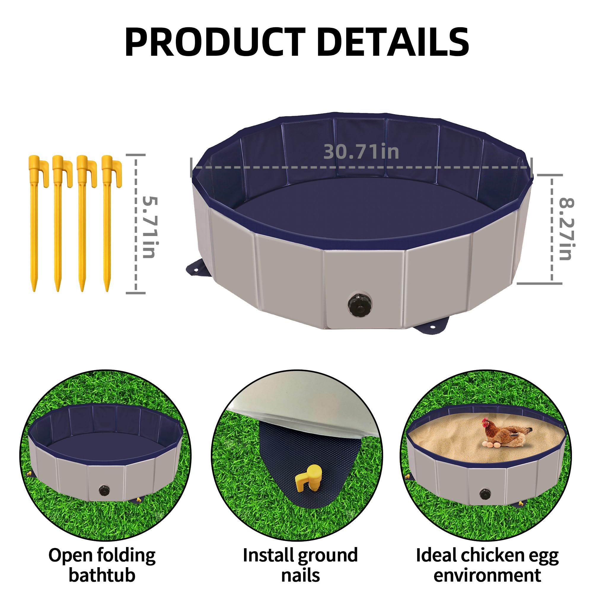 Tina de baño de polvo de pollo, contenedor limpiador de cal de gallinero, 32 pulgadas de profundidad x 8 pulgadas de alto, material de PVC, plegable, portátil, accesorio esencial para polvo de